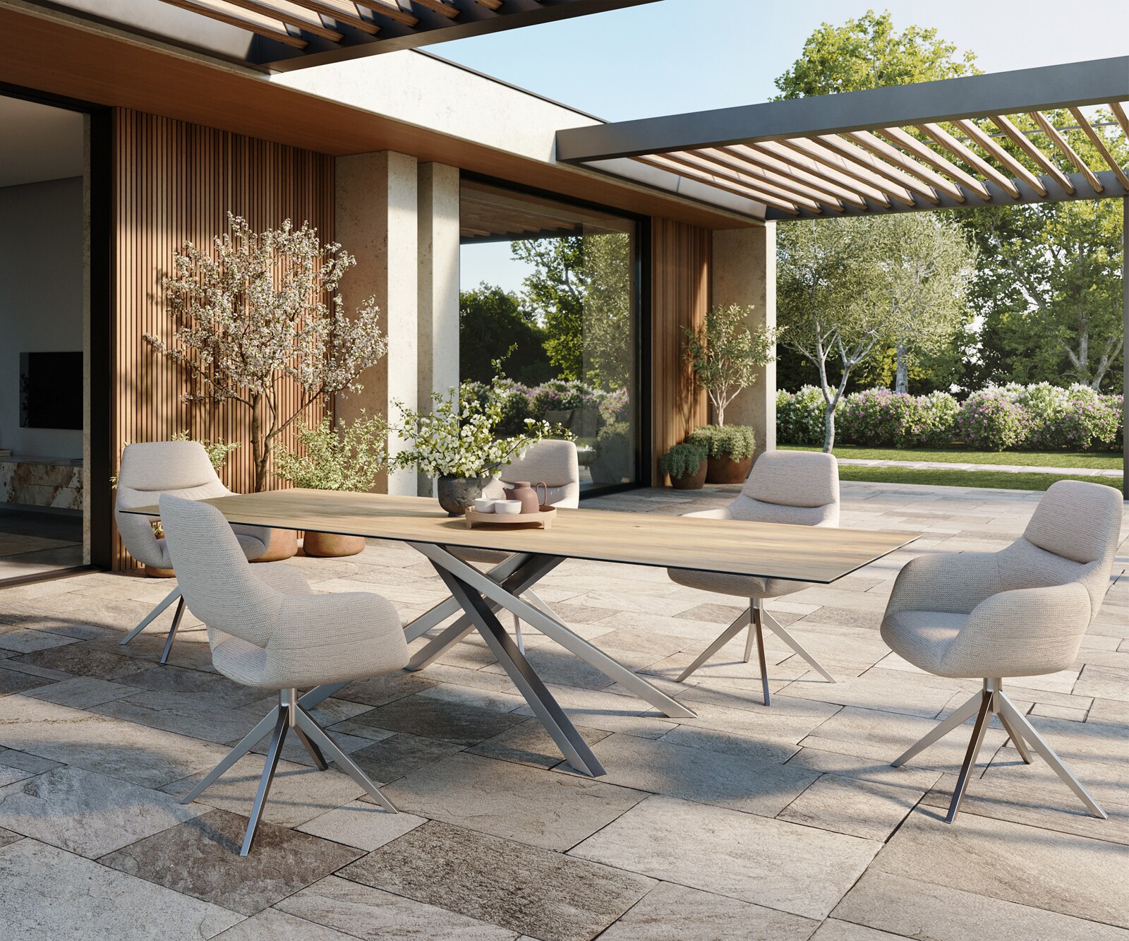 Table d’extérieur Edge 300x100 cm céramique Laminam® Sabbia couleur chêne piètement croisé rectangulaire en acier inoxydable 5