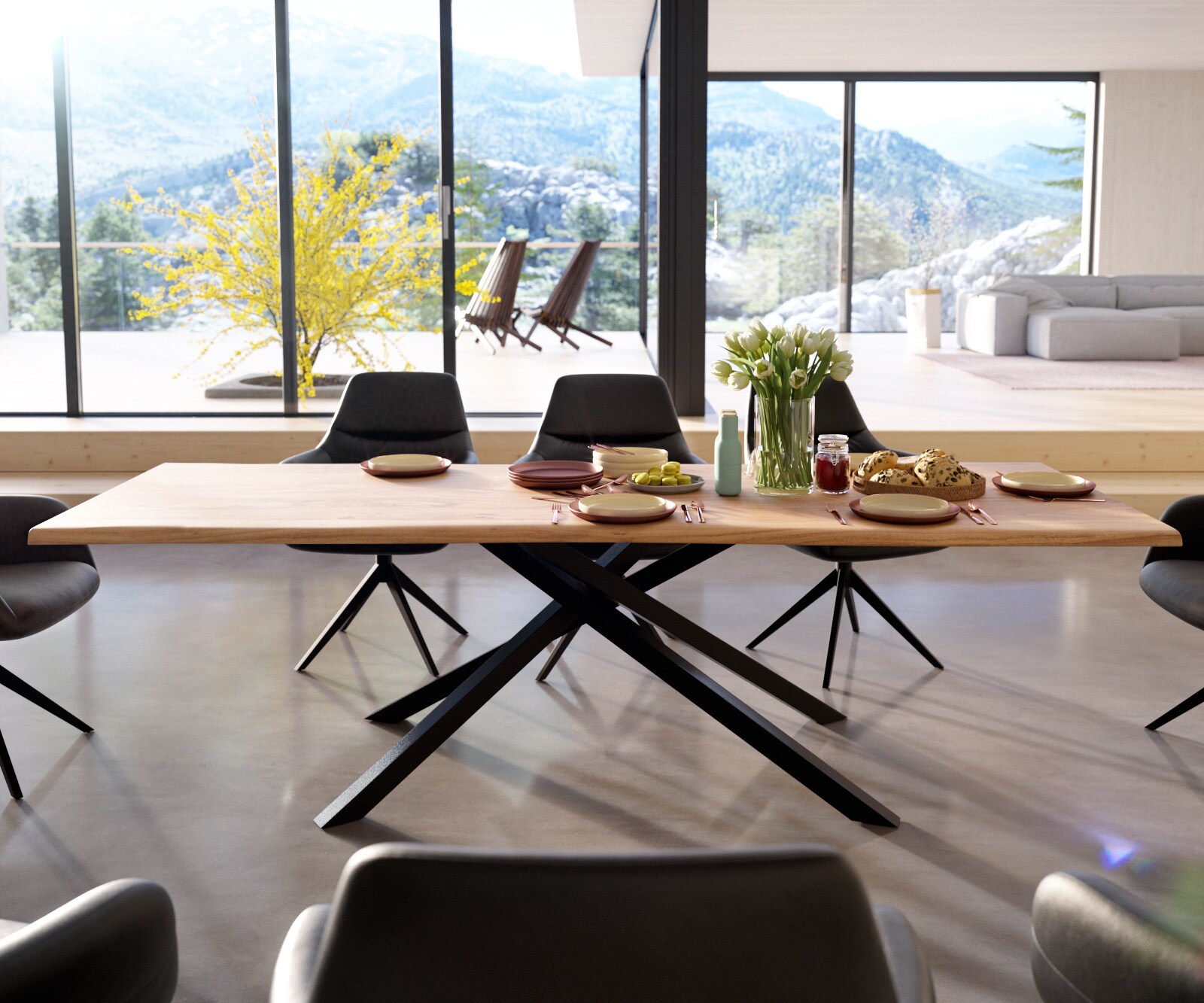 Table à manger Edge 260x100 Acacia Naturel Cadre croisé rectangle Noir Live-Edge 1