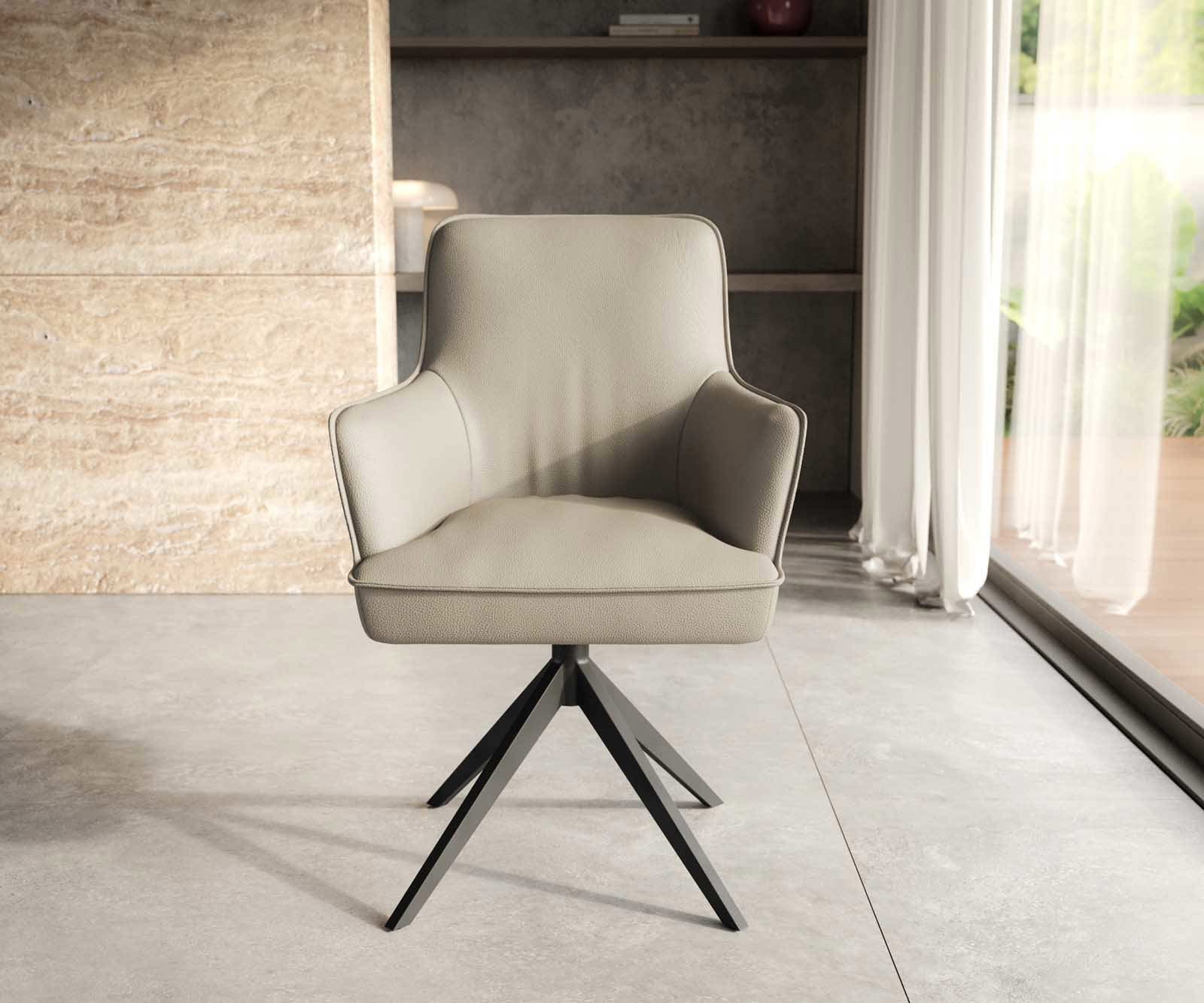 Chaise-pivotante Heira-Flex avec accoudoirs cuir de vache couleur boue pied croisé large noir pivotement sur 360° ressorts ensachés 1 Chaise-pivotante Heira-Flex avec accoudoirs cuir de vache couleur boue pied croisé large noir pivotement sur 360° ressorts ensachés 1