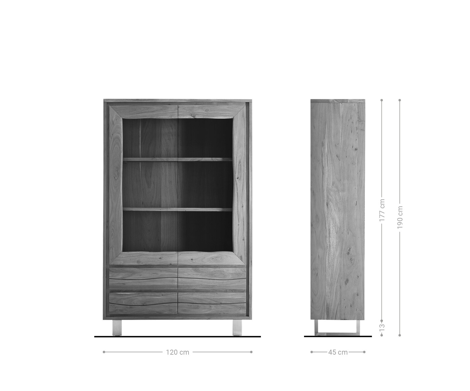 Vitrine Live-Edge 120x190 cm Acacia naturel à bords droits 2 portes 4 tiroirs Massif 10