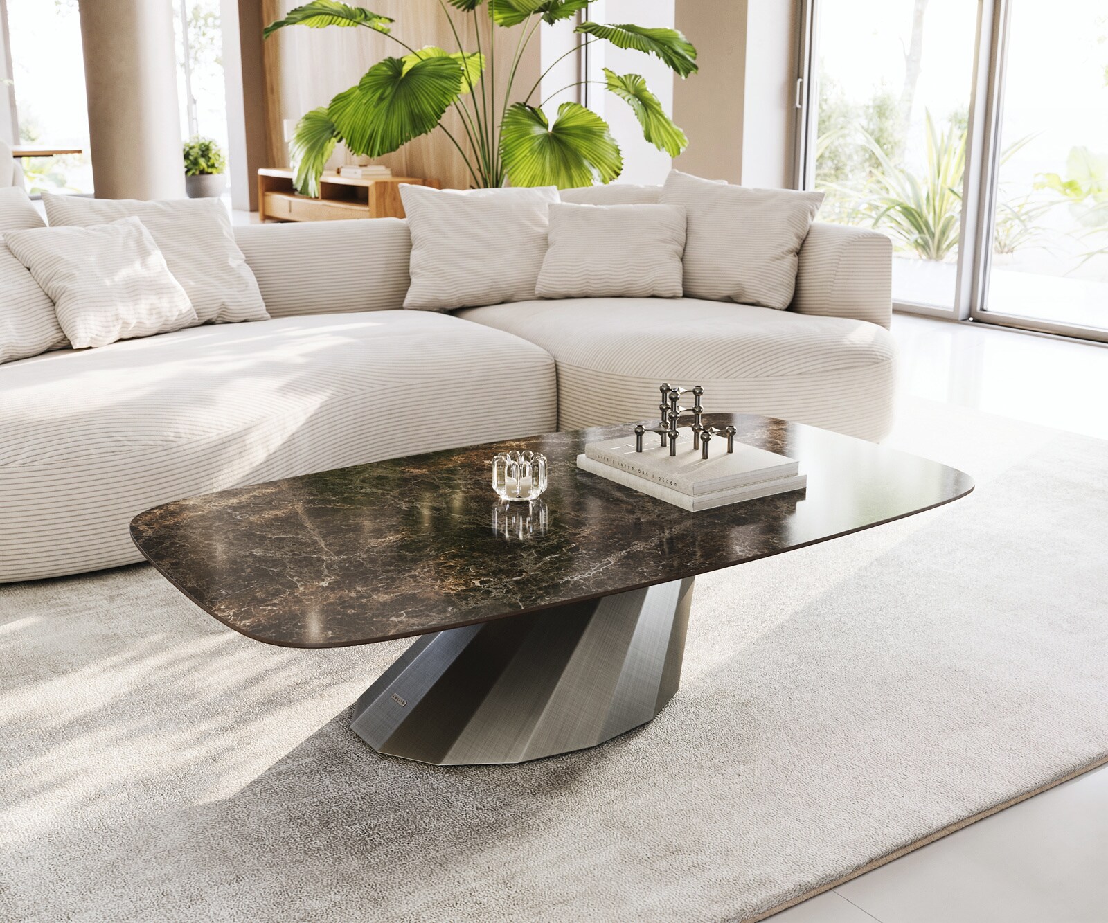 Table basse Edge Boot 140x80 cm céramique Laminam® Emperador Extra Lucidato brun foncé Parabi argent métallique 1