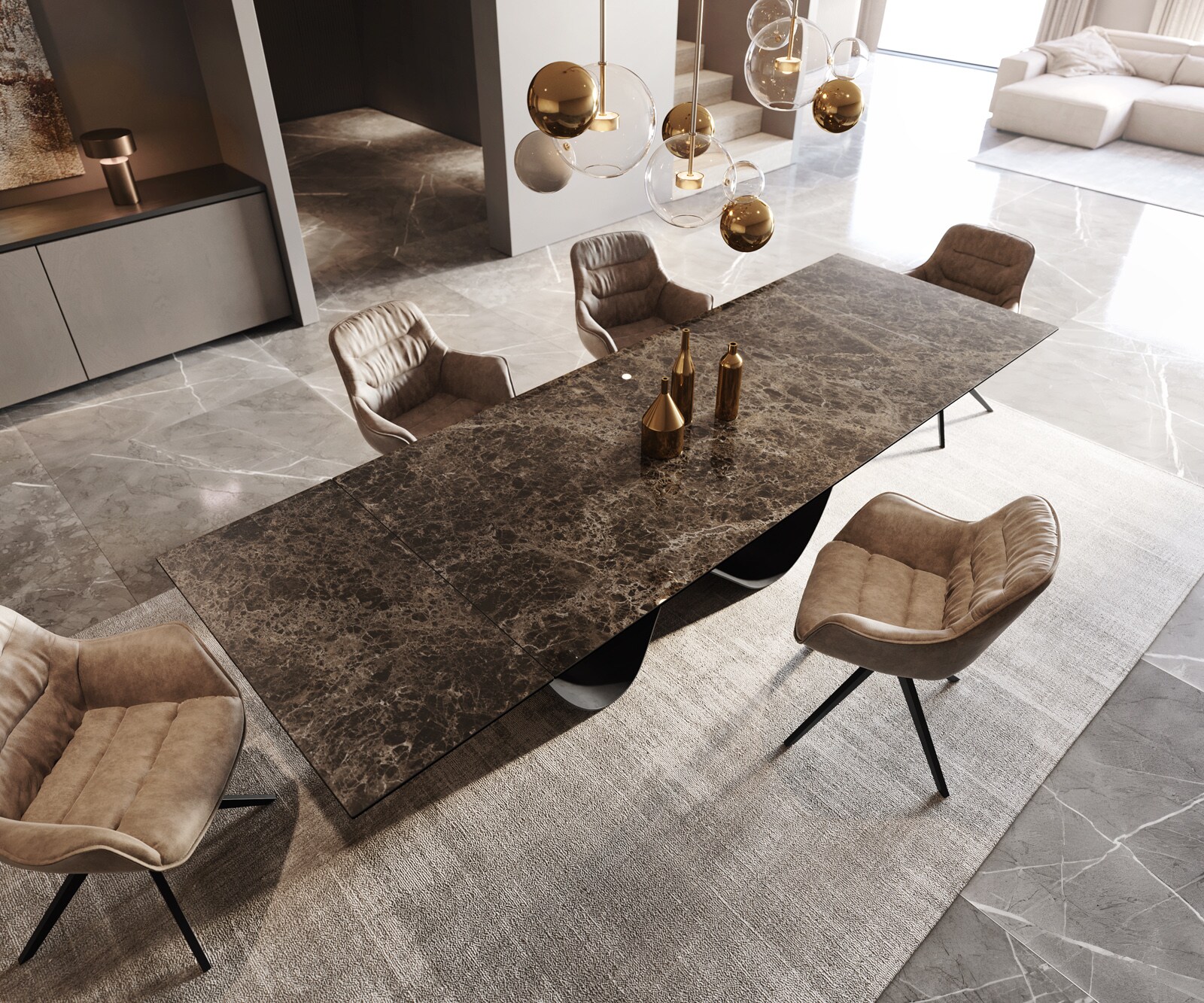 Table à manger Edge 200-300x100 céramique Laminam® Emperador Extra Lucidato marron foncé Infinity métal noir extensible 3