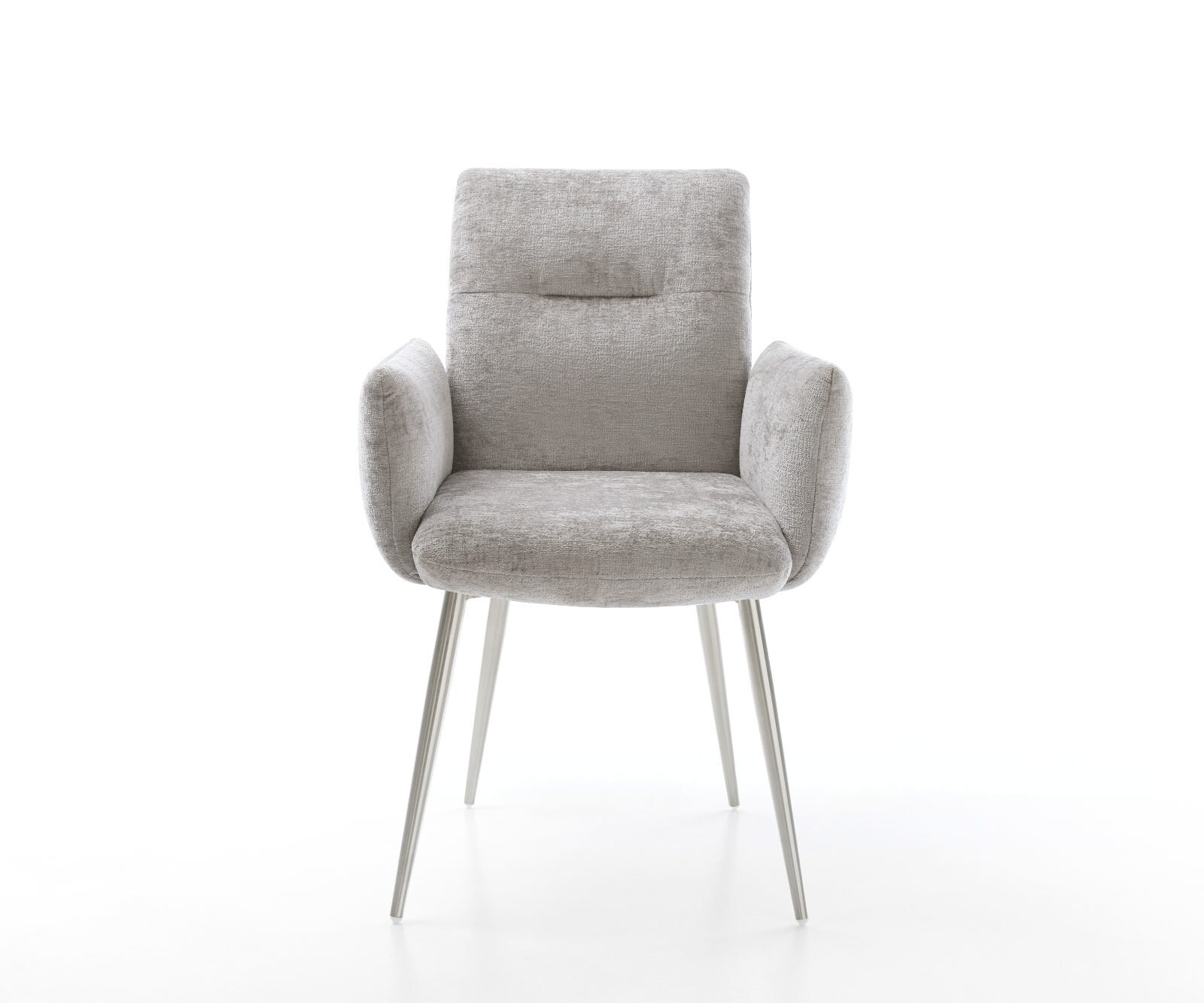 Chaise-de-salle-à-manger Jova-Flex avec accoudoirs chenille gris argenté 4 pieds coniques acier inoxydable brossé ressorts ensachés 1
