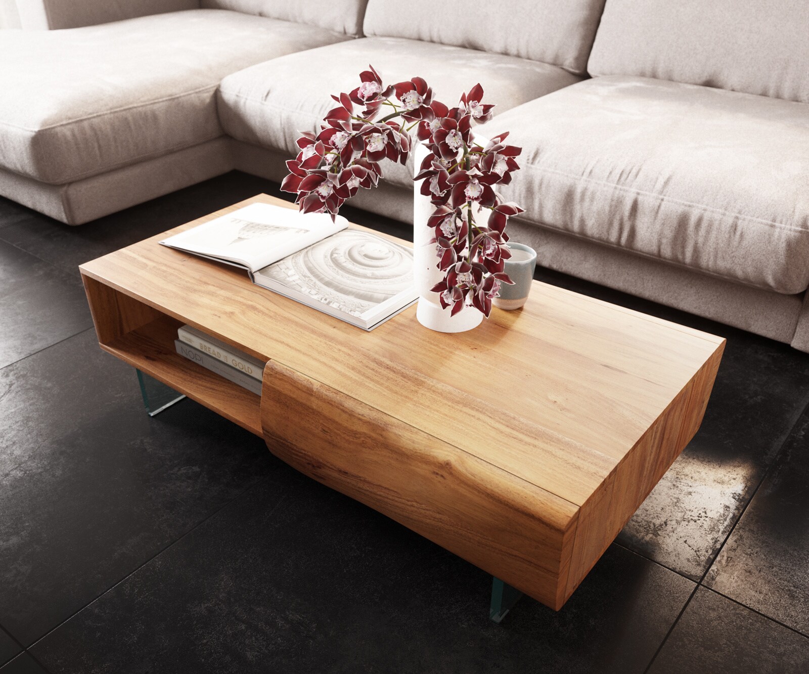 Table basse New Live-Edge 115x60 cm acacia naturel 2 tiroirs 1 compartiment pieds en verre  4