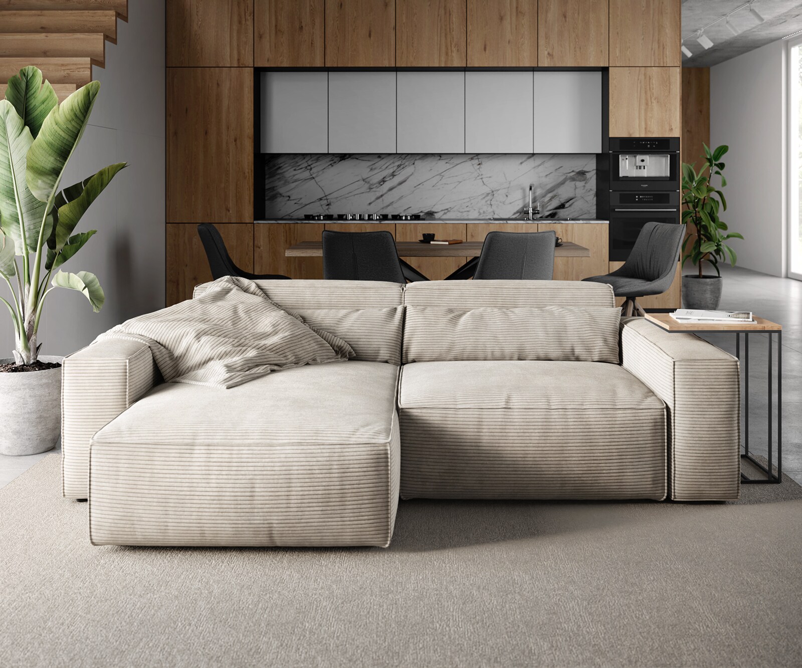 Canapé d'angle Sirpio 230x150 cm Velours côtelé Beige Recamiere variable 1