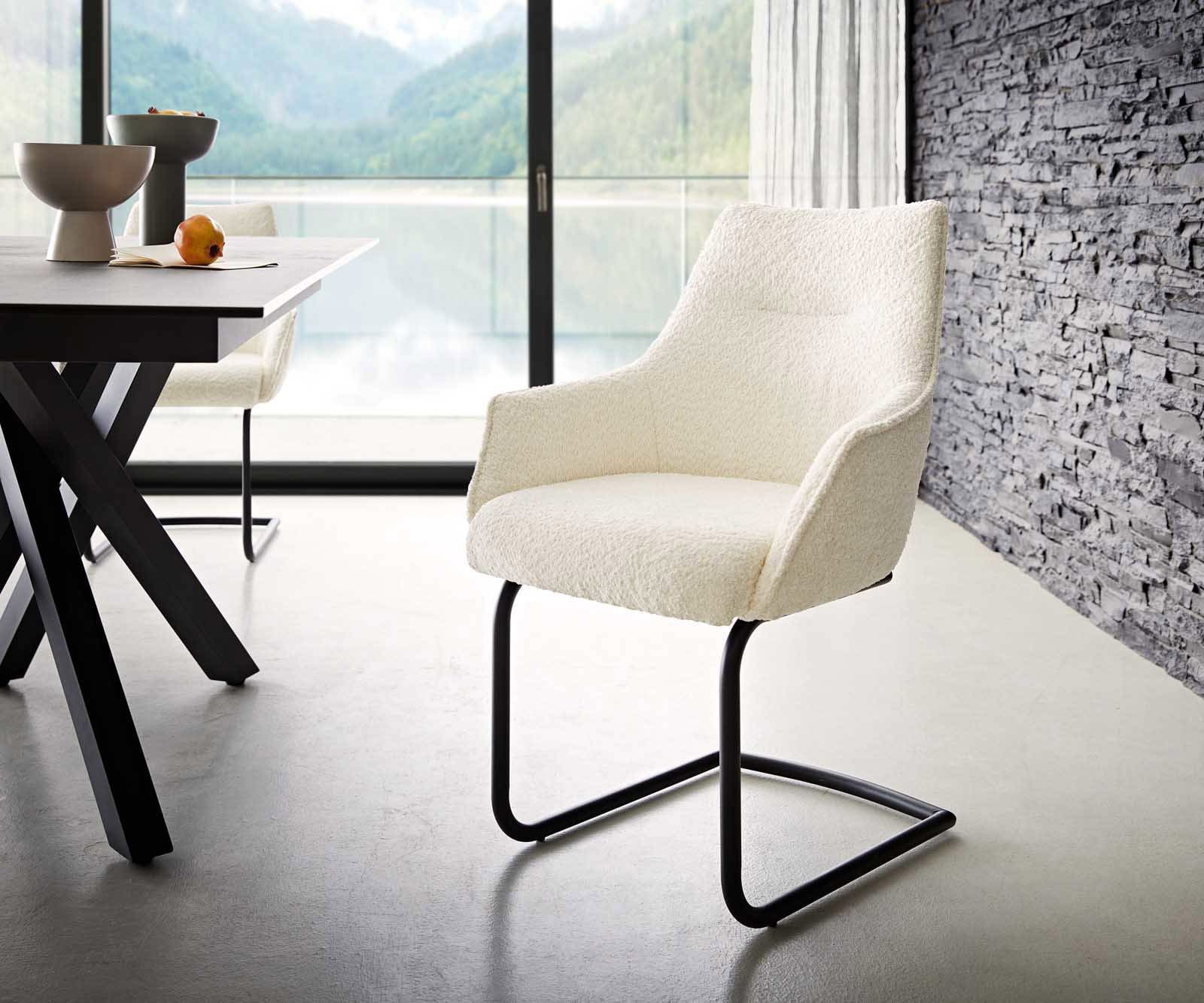 Cantilever Alja-Flex avec accoudoirs bouclé blanc pied cantilever rond noir ressorts ensachés Cantilever Alja-Flex avec accoudoirs bouclé blanc pied cantilever rond noir ressorts ensachés