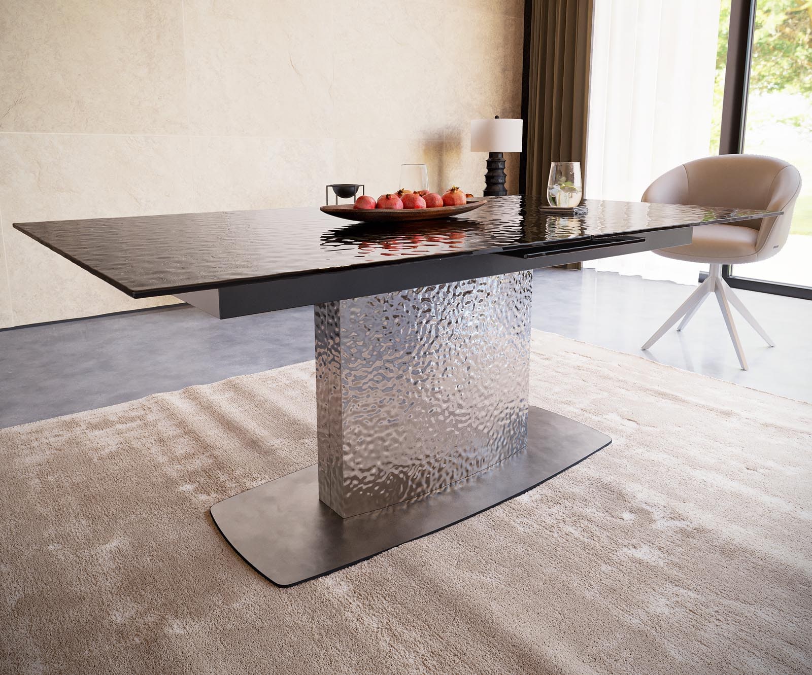 Table à manger Edge 180-220x100 verre fondu noir fumé relief en 3D Wave acier inoxydable extensible 5