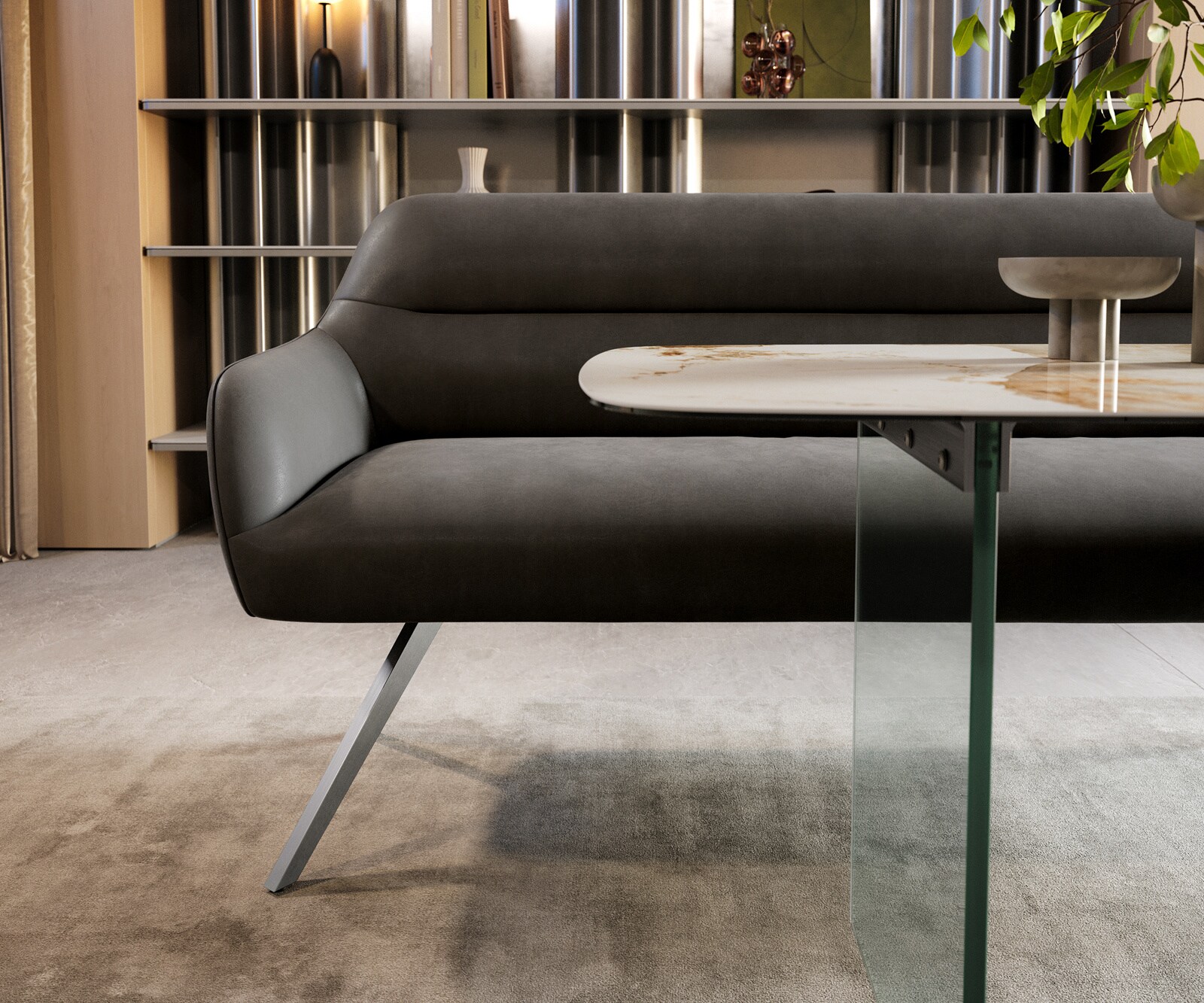 Banc-de-salle-à-manger Taya-Flex 200 cm microfibre antracite vintage pied croisé angulaire acier inoxydable ressort ensaché 1
