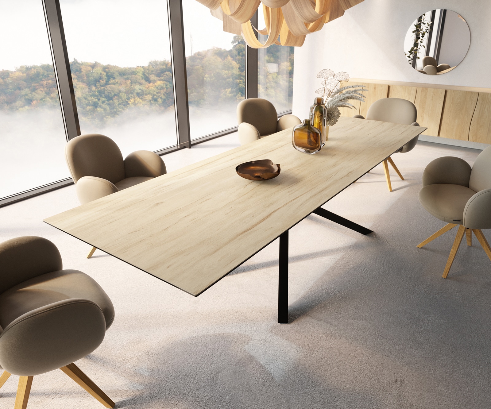 Table à manger Edge 300x100 céramique Laminam® Sabbia couleur chêne cadre croisé rectangulaire noir 3