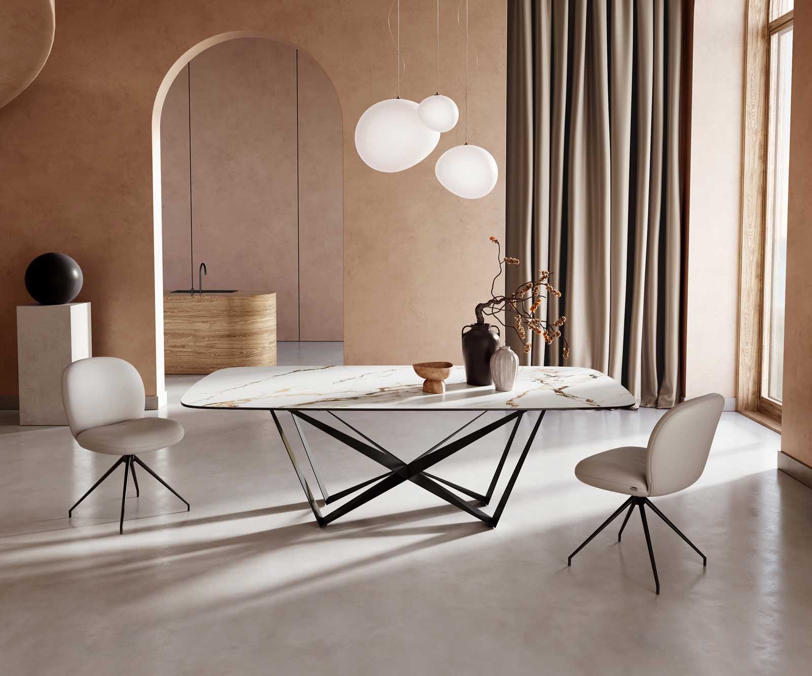 Table à manger Edge en forme de bateau 240x120 céramique Calacatta Luxe blanc-doré-gris Spider acier plat noir Table à manger Edge en forme de bateau 240x120 céramique Calacatta Luxe blanc-doré-gris Spider acier plat noir