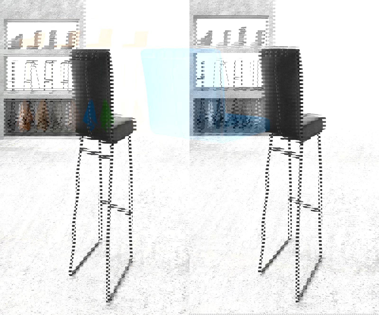 Chaise-de-bar Luiga-Flex velours bleu cadre de patins métal 2 Chaise-de-bar Luiga-Flex velours bleu cadre de patins métal 2