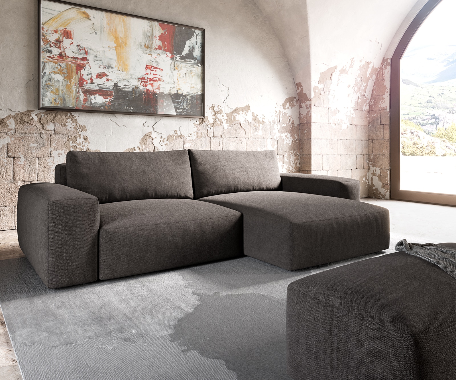 Canapé d'angle Lanzo XL 270x180 cm microfibre marron kaki Recamière variable avec Tabouret Canapé d'angle Lanzo XL 270x180 cm microfibre marron kaki Recamière variable avec Tabouret
