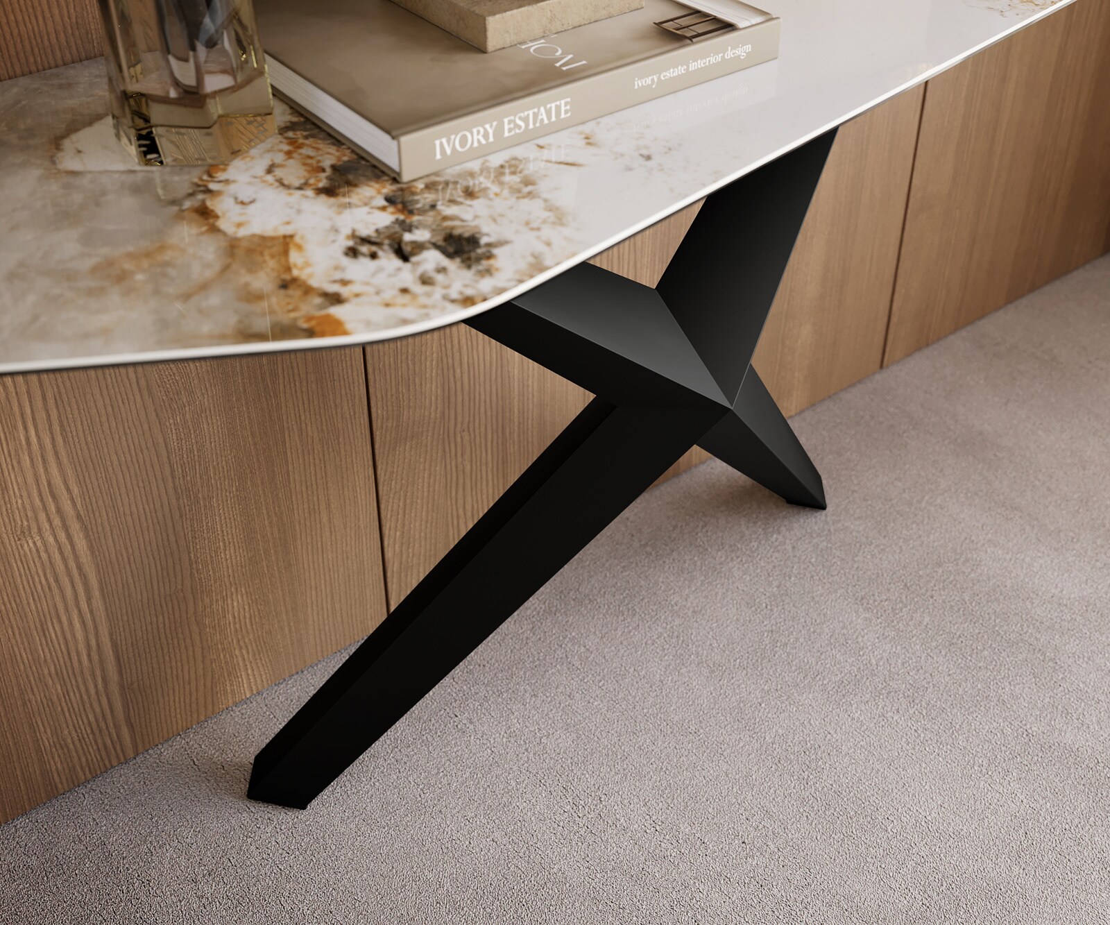 Console Edge Polygonal 180x50 cm Céramique Minas Melange Weiß-Beige Zentharo Métal Noir 5