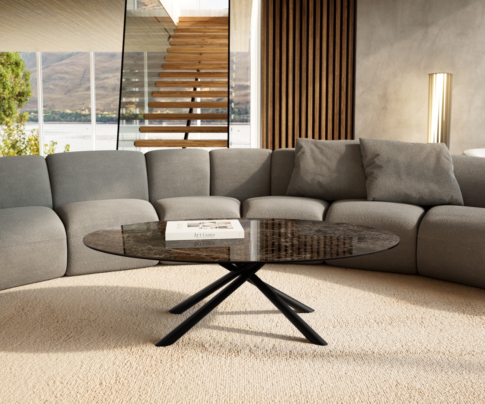 Table basse Edge Oval 140x80 cm céramique Laminam® Emperador Extra Lucidato brun foncé Sarity métal noir 1