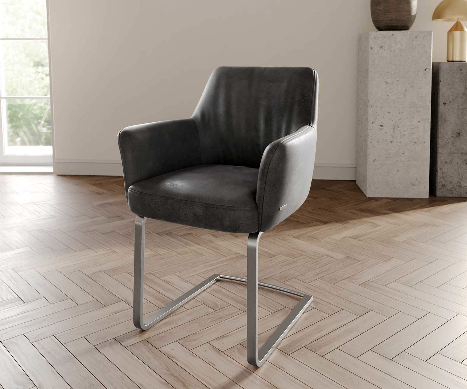 Cantilever Xana-Flex avec accoudoirs microvelours anthracite vintage pied cantilever plat acier inoxydable brossé ressorts ensachés