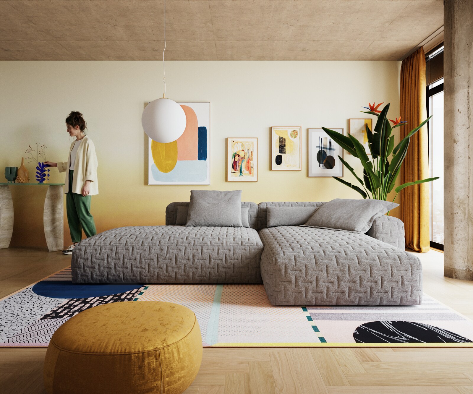 Canapé d'angle Freestyle 310x200 cm Tissu structuré doux Gris matelassé 2