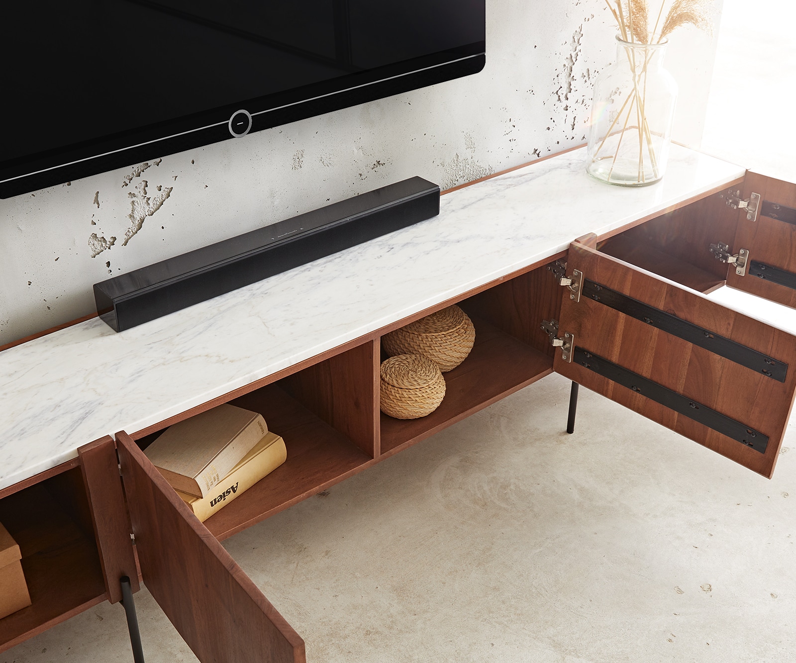 Meuble-TV Secara 200 cm acacia marron 4 portes marbre pieds noirs 4 Meuble-TV Secara 200 cm acacia marron 4 portes marbre pieds noirs 4