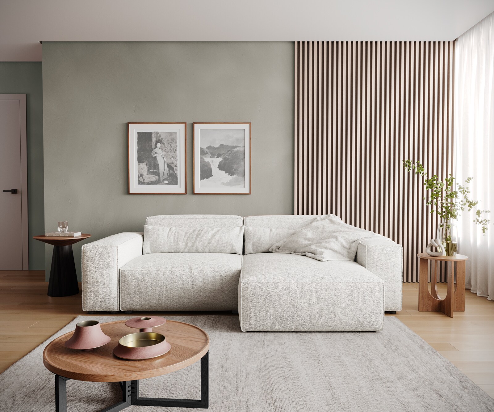 Canapé d'angle Sirpio 230x150 cm Bouclee Crème-blanc Recamiere variable 1