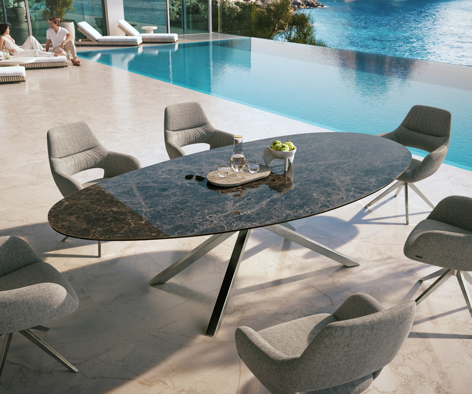 Table d’extérieur Edge Ovale 280x130 cm Céramique Emperador Extra Lucidato Brun foncé Piètement croisé rectangulaire Acier inoxydable