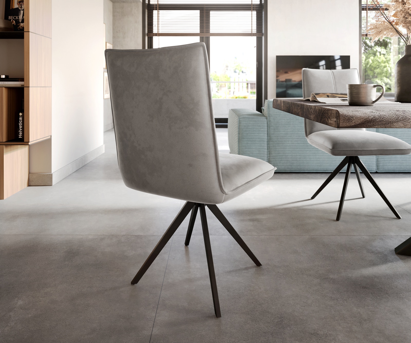 Chaise-de-salle-à-manger Lelio-Flex velours gris pied croisé large noir ressorts ensachés 4 Chaise-de-salle-à-manger Lelio-Flex velours gris pied croisé large noir ressorts ensachés 4