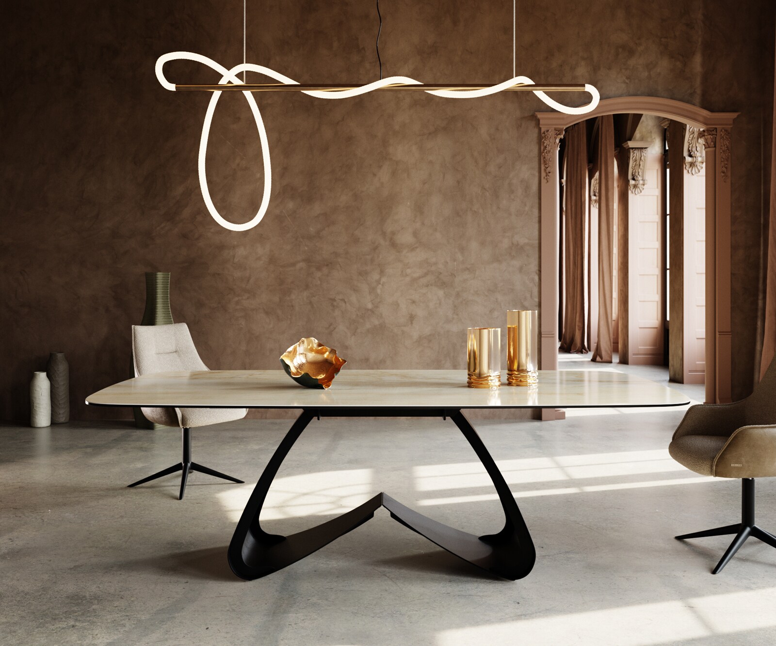 Table à manger Edge Boot 240x120 cm Céramique Iris FMG Onice Oro piètement en W Métal Noir 2