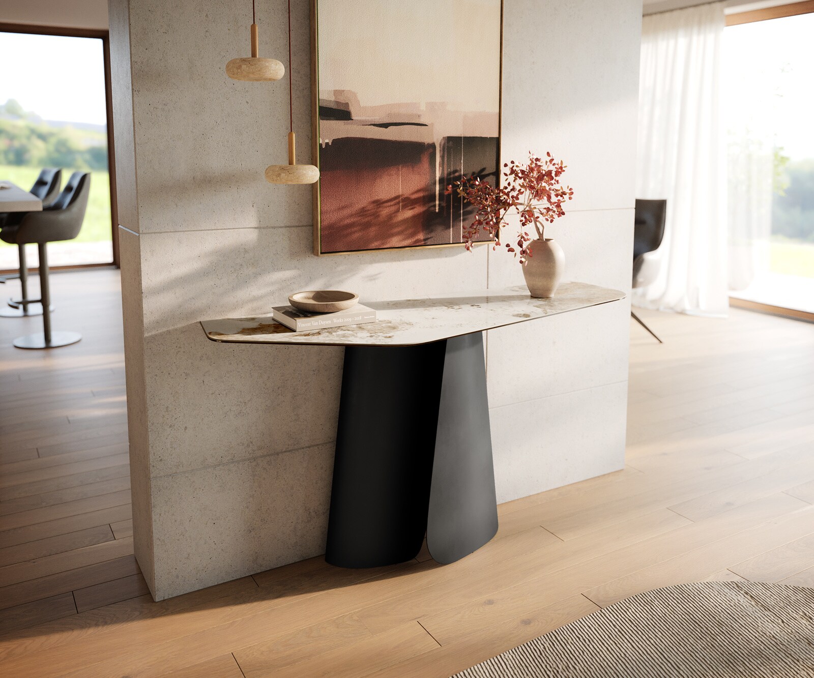 Console Edge Polygonal 140x50 cm Céramique Minas Melange Weiß-Beige Livos Métal Noir