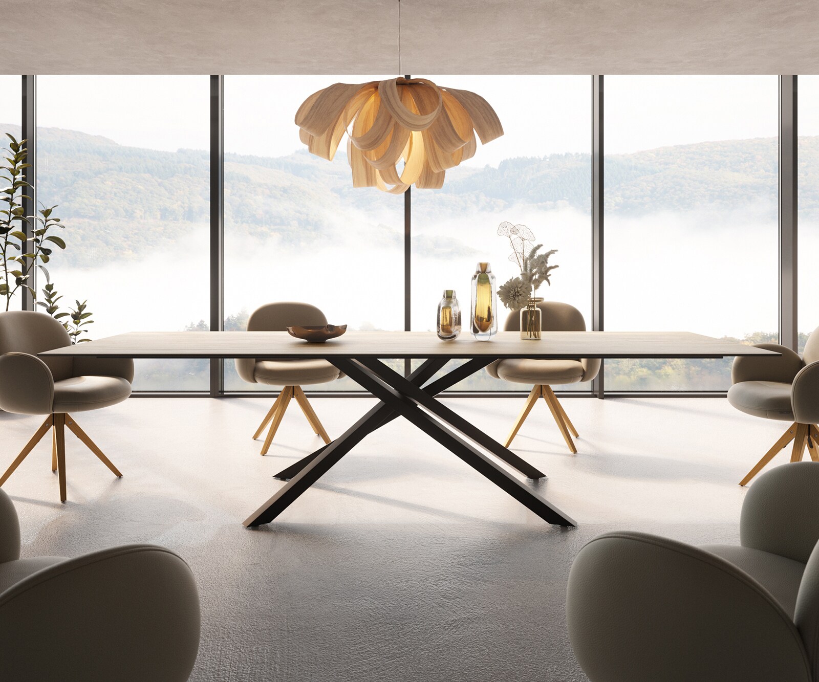 Table à manger Edge 300x100 céramique Laminam® Sabbia couleur chêne cadre croisé rectangulaire noir 1