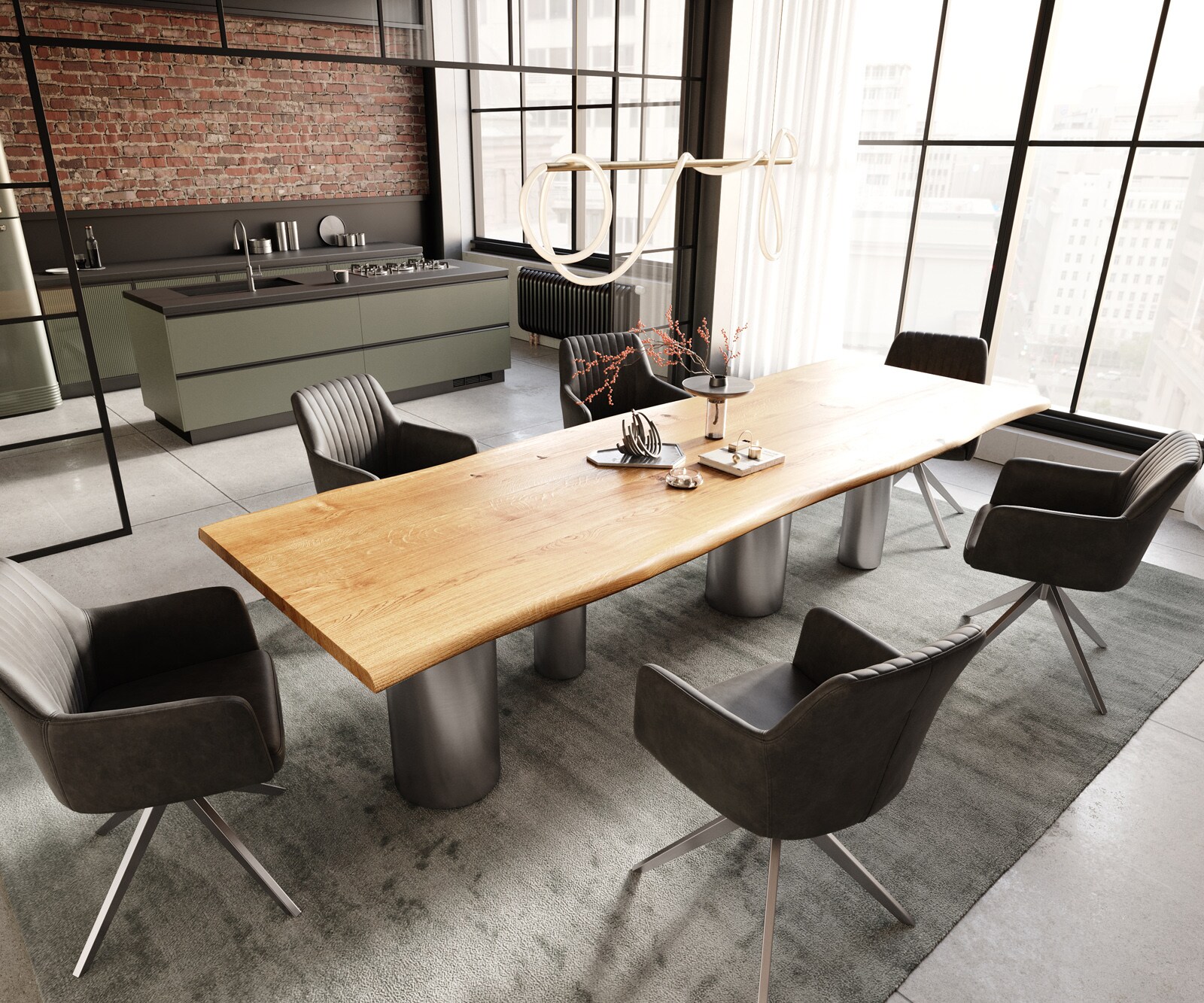 Table à manger Edge 300x100x4 chêne naturee Pilier acier inoxydable brossé Live-Edge 5