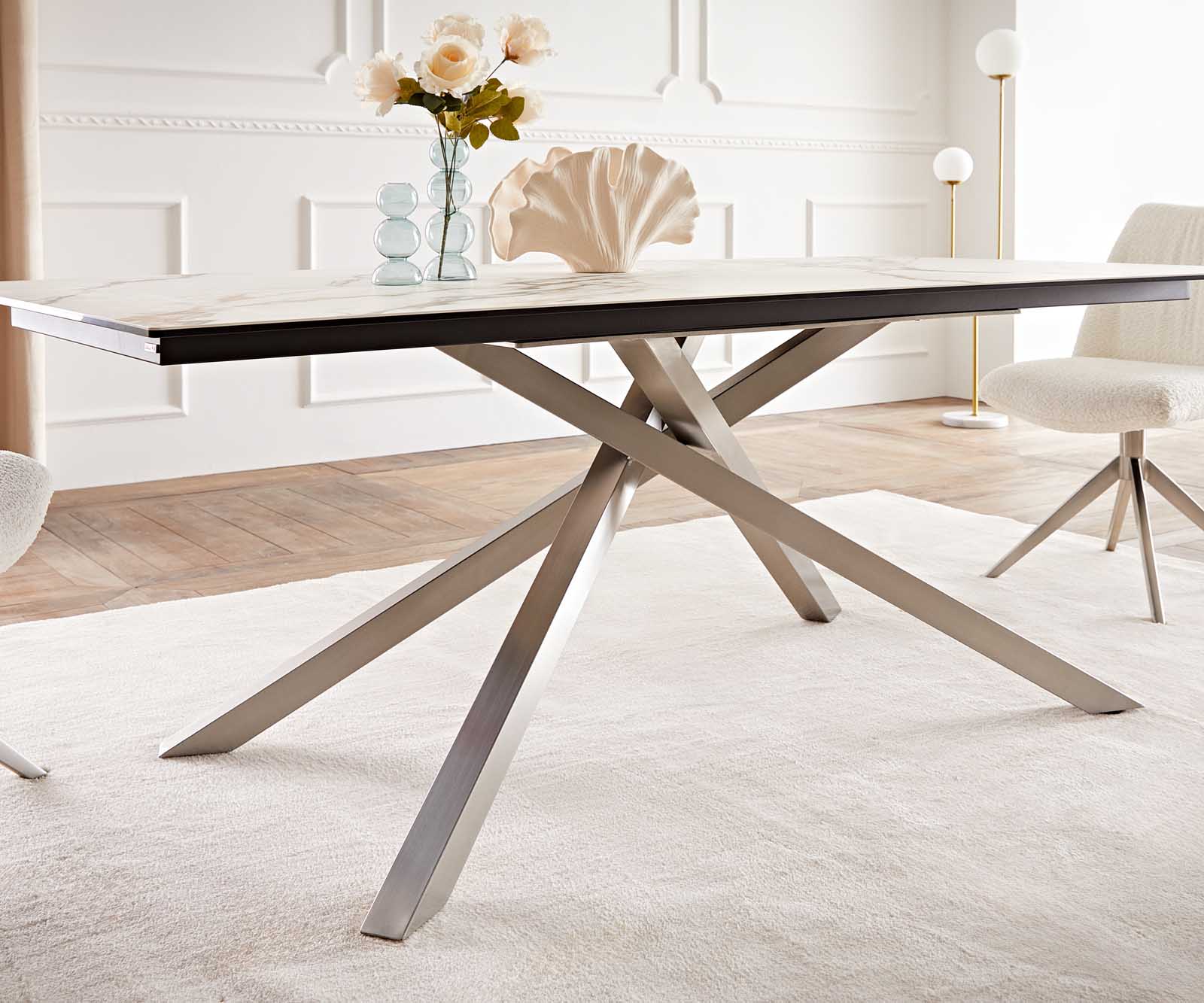 Table à manger Edge 200x100 céramique Calacatta Luxe blanc-doré-gris cadre croisé rectangulaire acier inoxydable 6