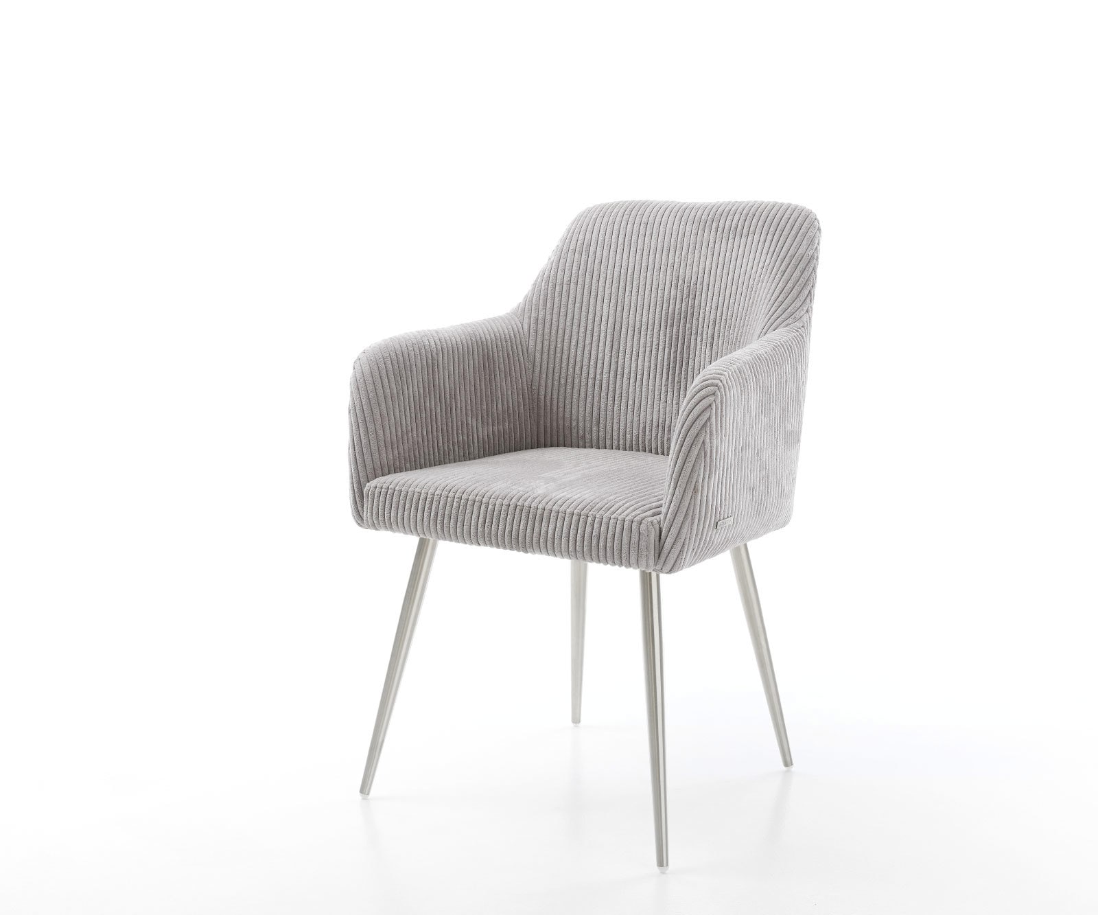 Chaise-de-salle-à-manger Greg-Flex côtelé gris argenté 4 pieds coniques acier inoxydable brossé ressorts ensachés Chaise-de-salle-à-manger Greg-Flex côtelé gris argenté 4 pieds coniques acier inoxydable brossé ressorts ensachés