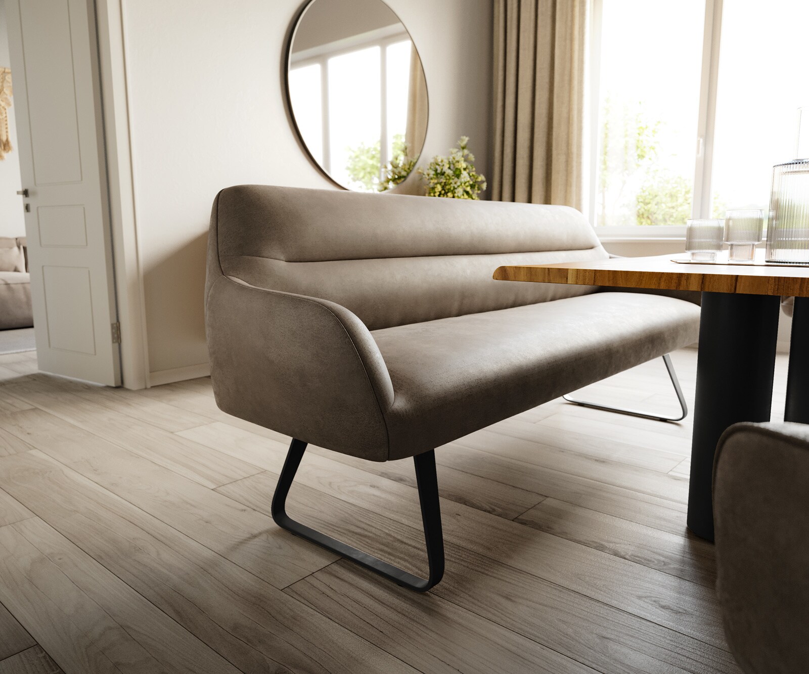 Banc-de-salle-à-manger Taya-Flex 200 cm microfibre taupe vintage châssis à patins plat noir ressort ensaché 4