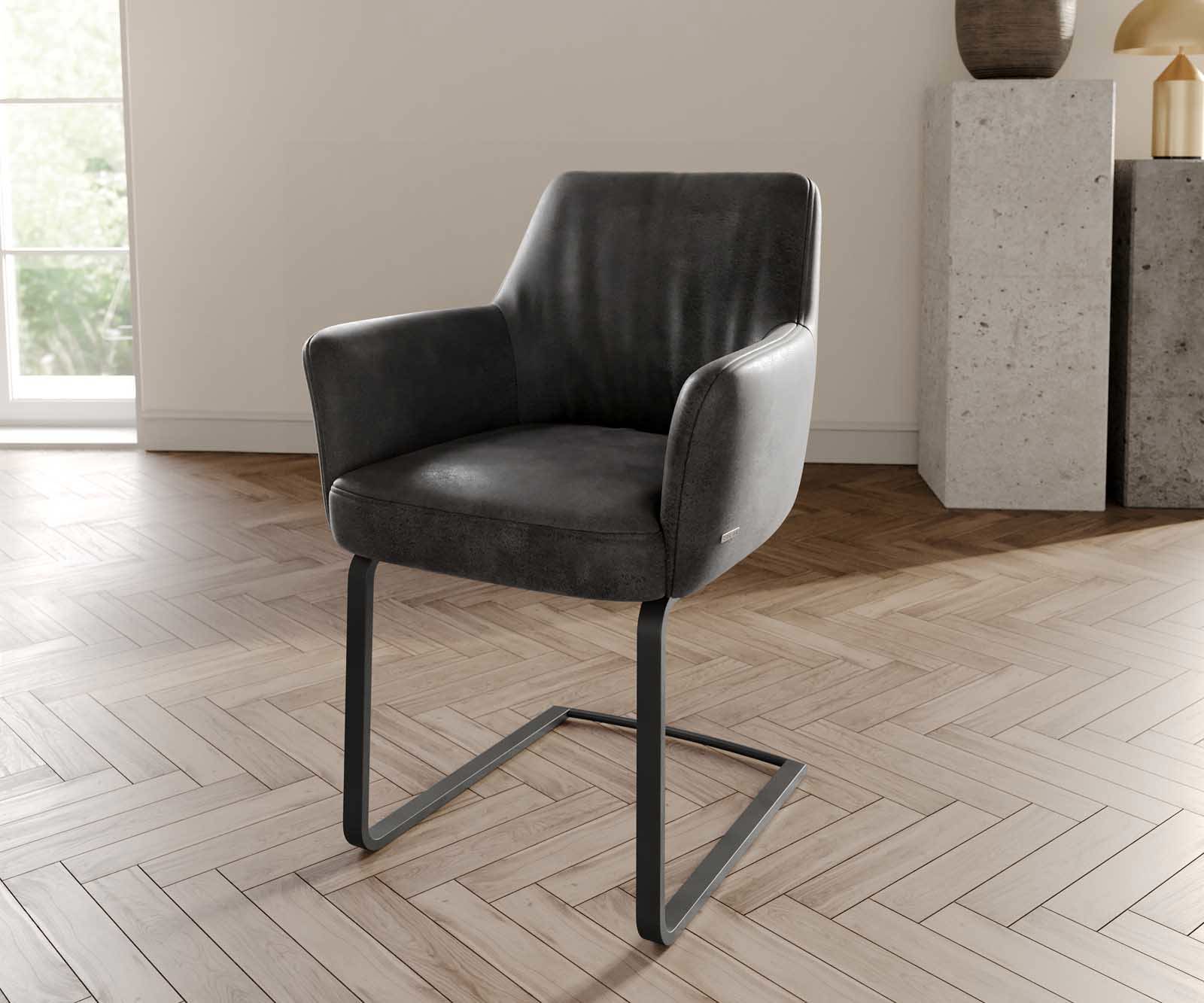 Cantilever Xana-Flex avec accoudoirs microvelours anthracite vintage pied cantilever plat noir ressorts ensachés