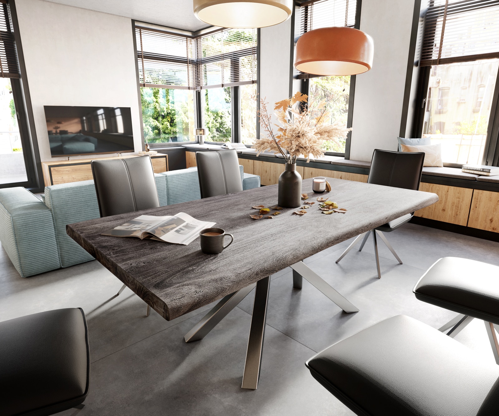 Table Edge 200x100 XL acacia platine cadre croisé rectangle inox Live-Edge Table Edge 200x100 XL acacia platine cadre croisé rectangle inox Live-Edge