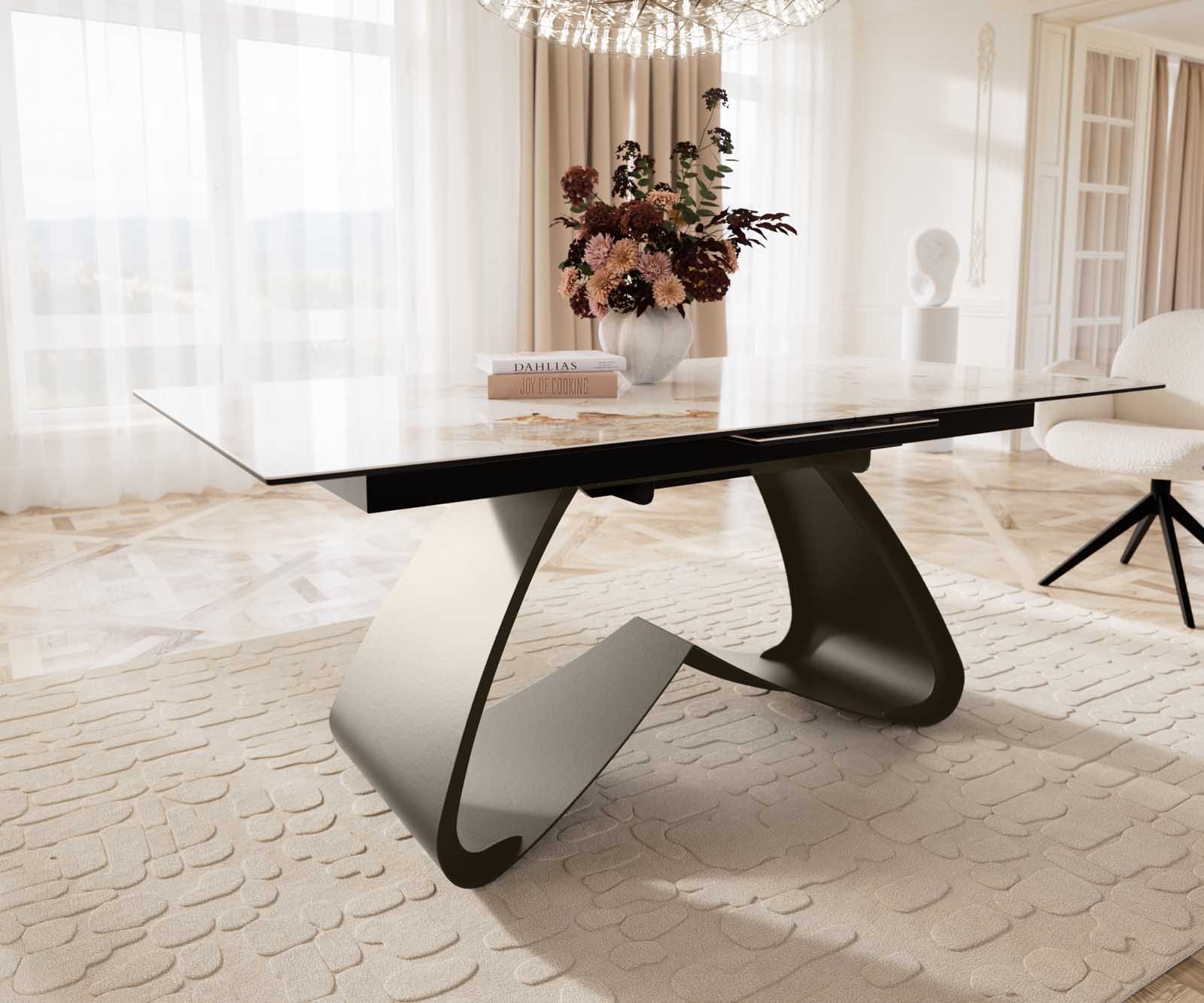 Table à manger Edge 180-220x100 Céramique Minas Melange Blanc-Beige cadre en W Effet Titan Extensible 7