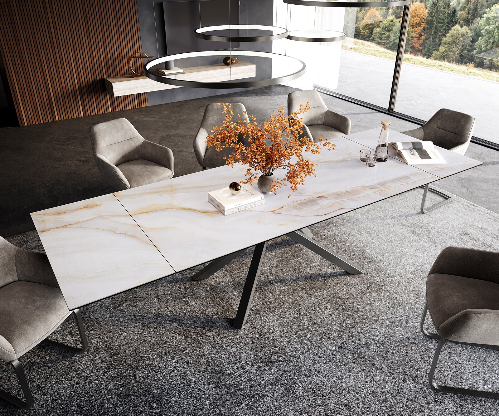 Table à manger extensible Edge 200-300x100 cm céramique Onyx Pearl piètement croisé rectangulaire inox graphite 4