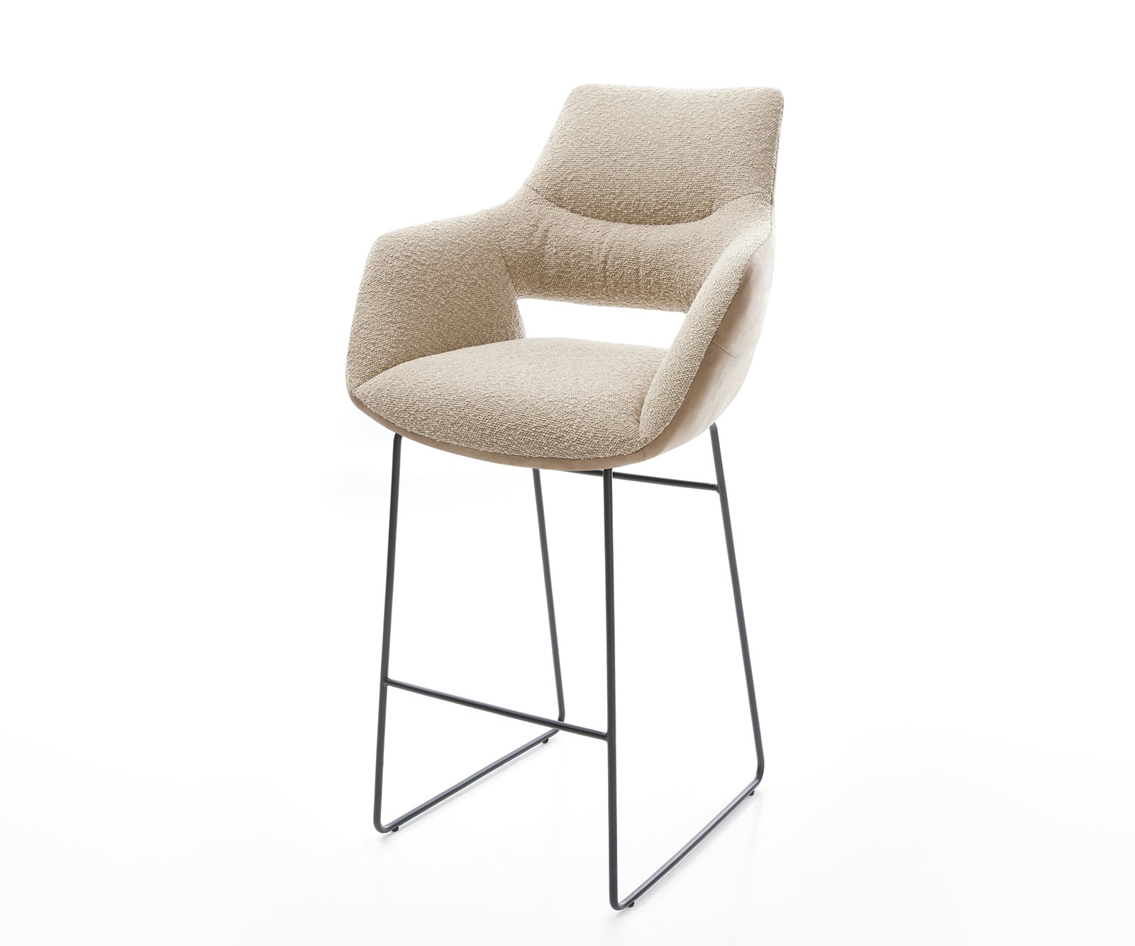 Chaise-de-bar Yago-Flex mélange de matériaux microfibre boue / bouclé boue cadre à patins métal noir Ressorts ensachés Chaise-de-bar Yago-Flex mélange de matériaux microfibre boue / bouclé boue cadre à patins métal noir Ressorts ensachés