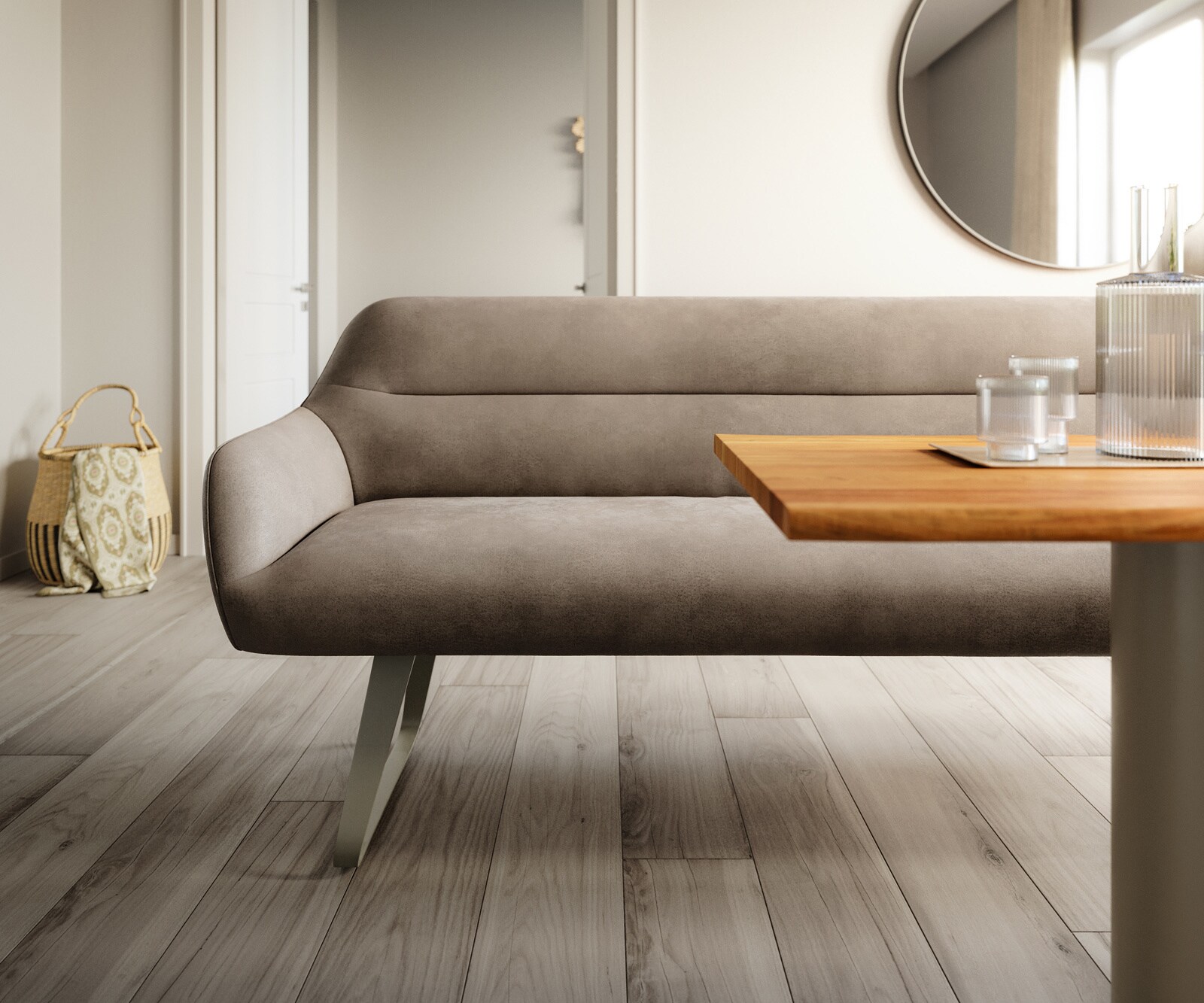 Banc-de-salle-à-manger Taya-Flex 200 cm microfibre taupe vintage châssis à patins plat titane ressort ensaché 1