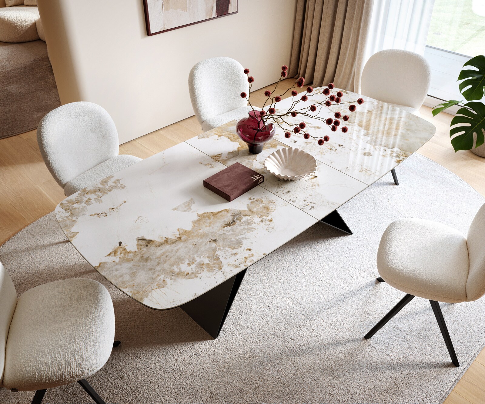 Table à manger Edge Boot 180-220x100 cm Céramique Minas Melange Blanc-Beige piètement en V Flachstahl Noir extensible 4