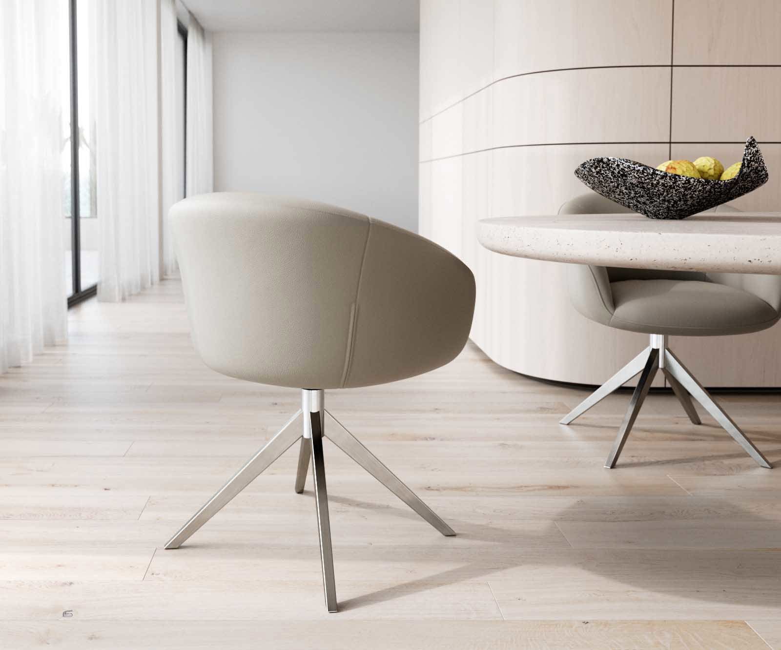 Chaise-pivotante Vinka-Flex avec accoudoirs cuir de vache couleur boue pied croisé large acier inoxydable brossé pivotement sur 360° ressorts ensachés 4 Chaise-pivotante Vinka-Flex avec accoudoirs cuir de vache couleur boue pied croisé large acier inoxydable brossé pivotement sur 360° ressorts ensachés 4