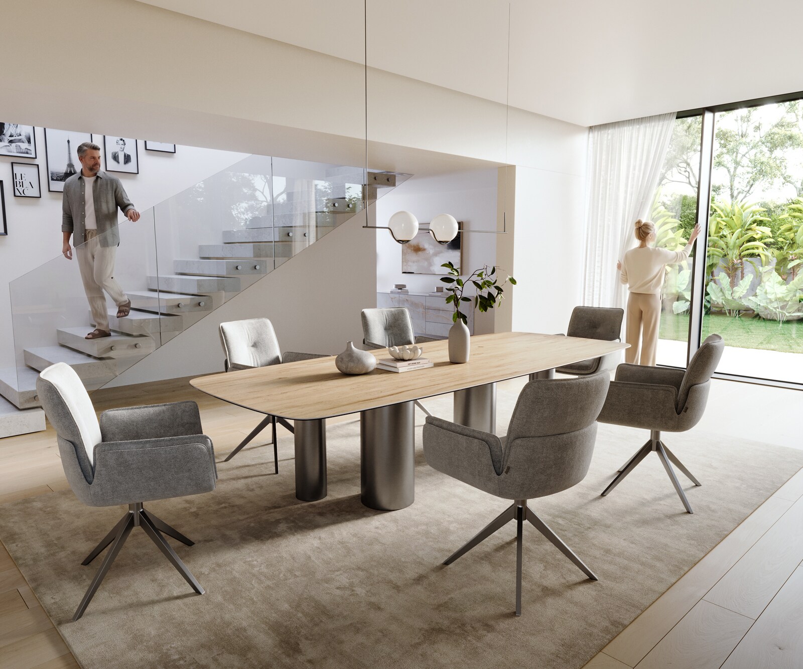 Table à manger Edge Boot 300x120 cm Céramique Laminam® Sabbia Eichefarbig Pilier Acier inoxydable Graphite 6