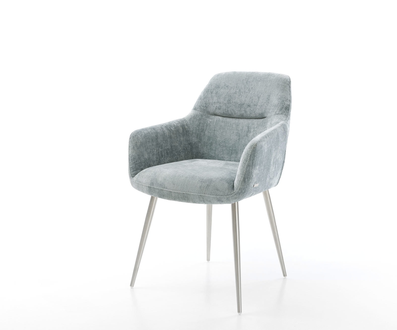 Chaise-de-salle-à-manger Pejo-Flex chenille bleu pastel 4 pieds coniques acier inoxydable brossé ressorts ensachés Chaise-de-salle-à-manger Pejo-Flex chenille bleu pastel 4 pieds coniques acier inoxydable brossé ressorts ensachés