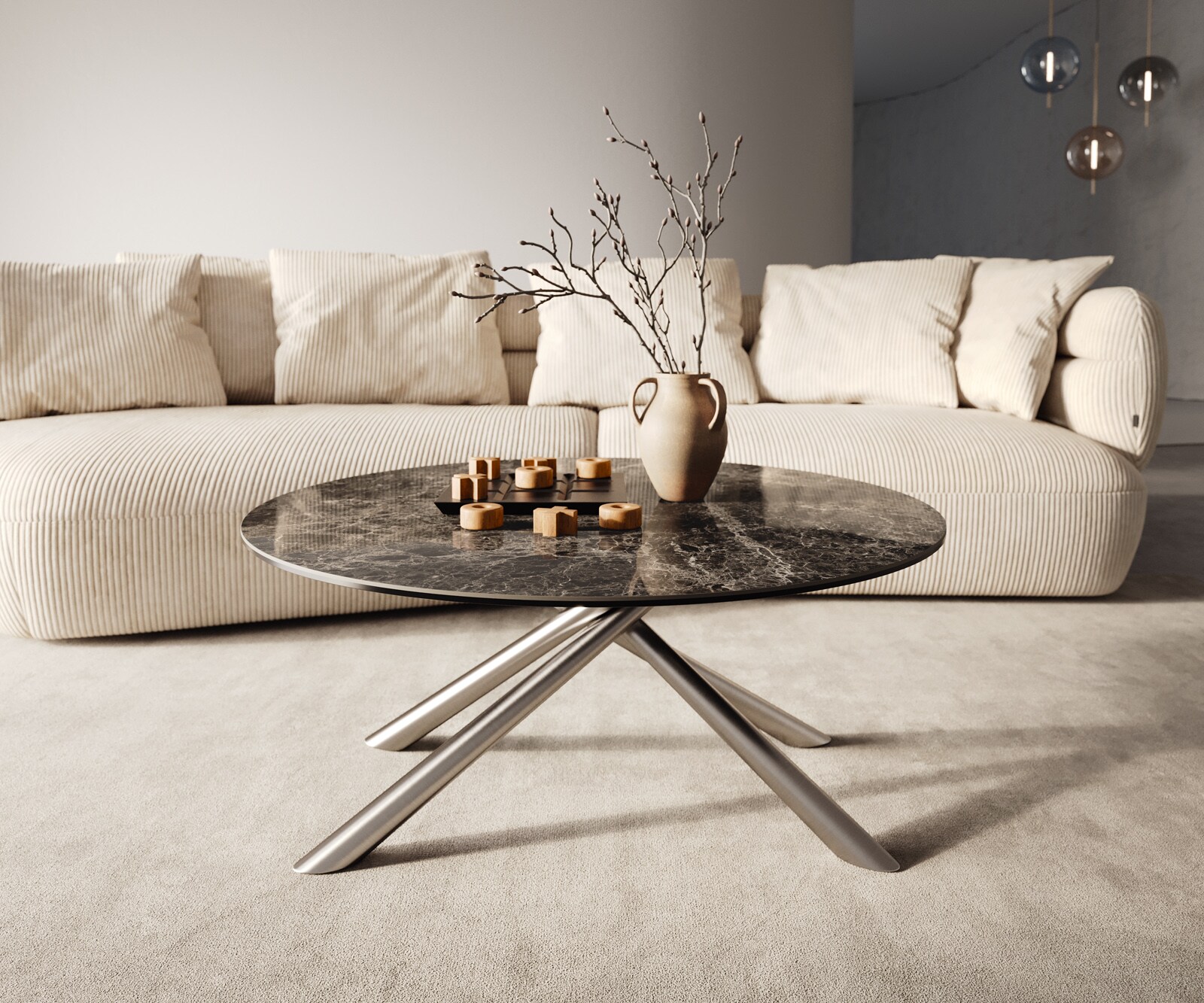 Table basse Edge rond 90x90 cm céramique Laminam® Emperador Extra Lucidato brun foncé Sarity acier inoxydable brossé 6