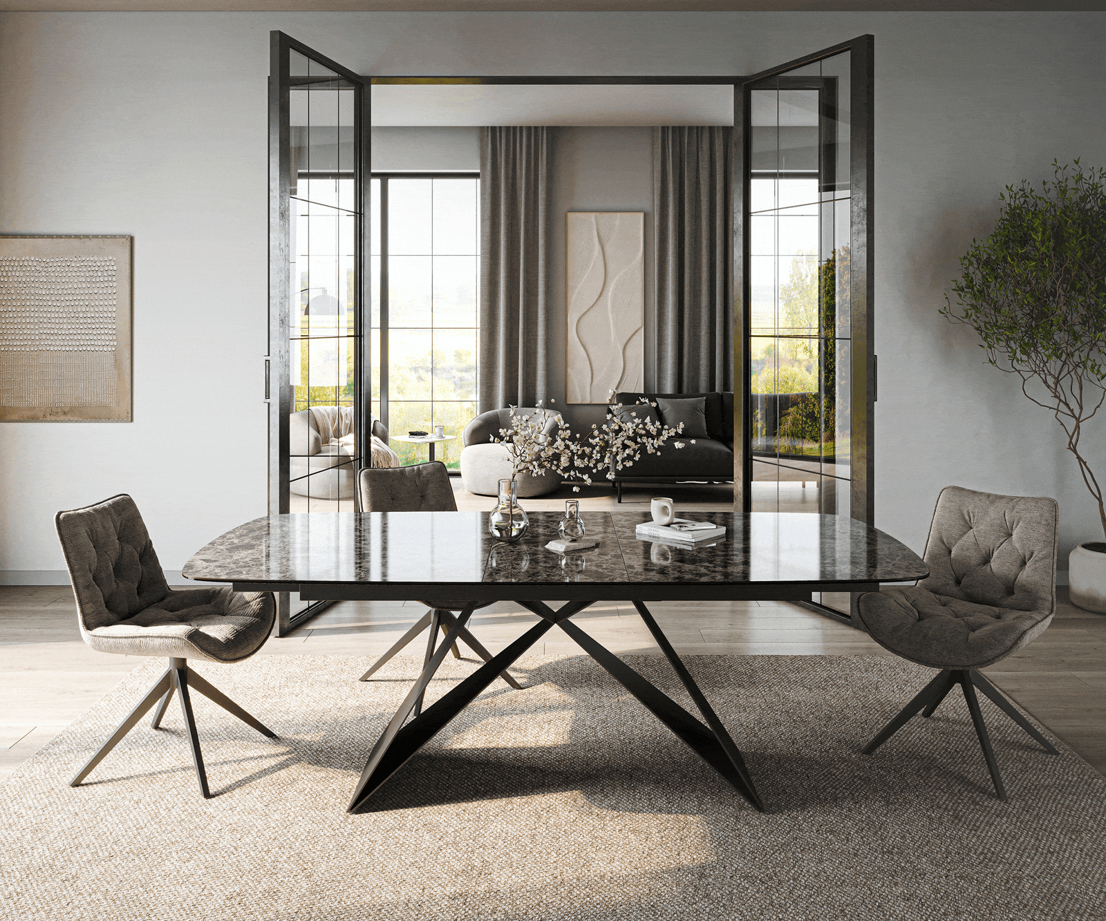 Table de salle à manger Edge Boot 180-220x100 cm Céramique Emperador Extra Lucidato Brun foncé Piètement en V Acier plat Noir extensible 2