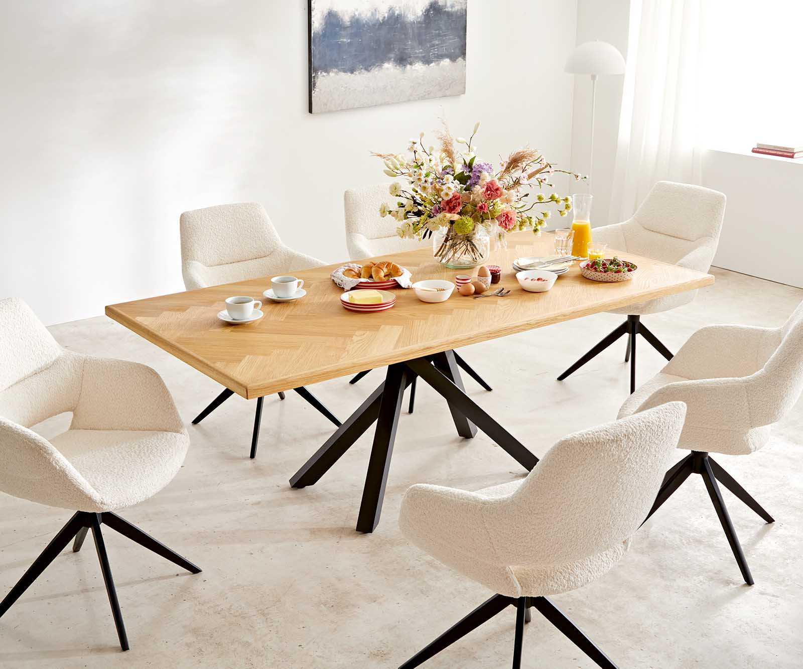Chaise-pivotante Yago-Flex avec accoudoirs bouclé blanc pied croisé large noir pivotement sur 360° ressorts ensachés 6 Chaise-pivotante Yago-Flex avec accoudoirs bouclé blanc pied croisé large noir pivotement sur 360° ressorts ensachés 6