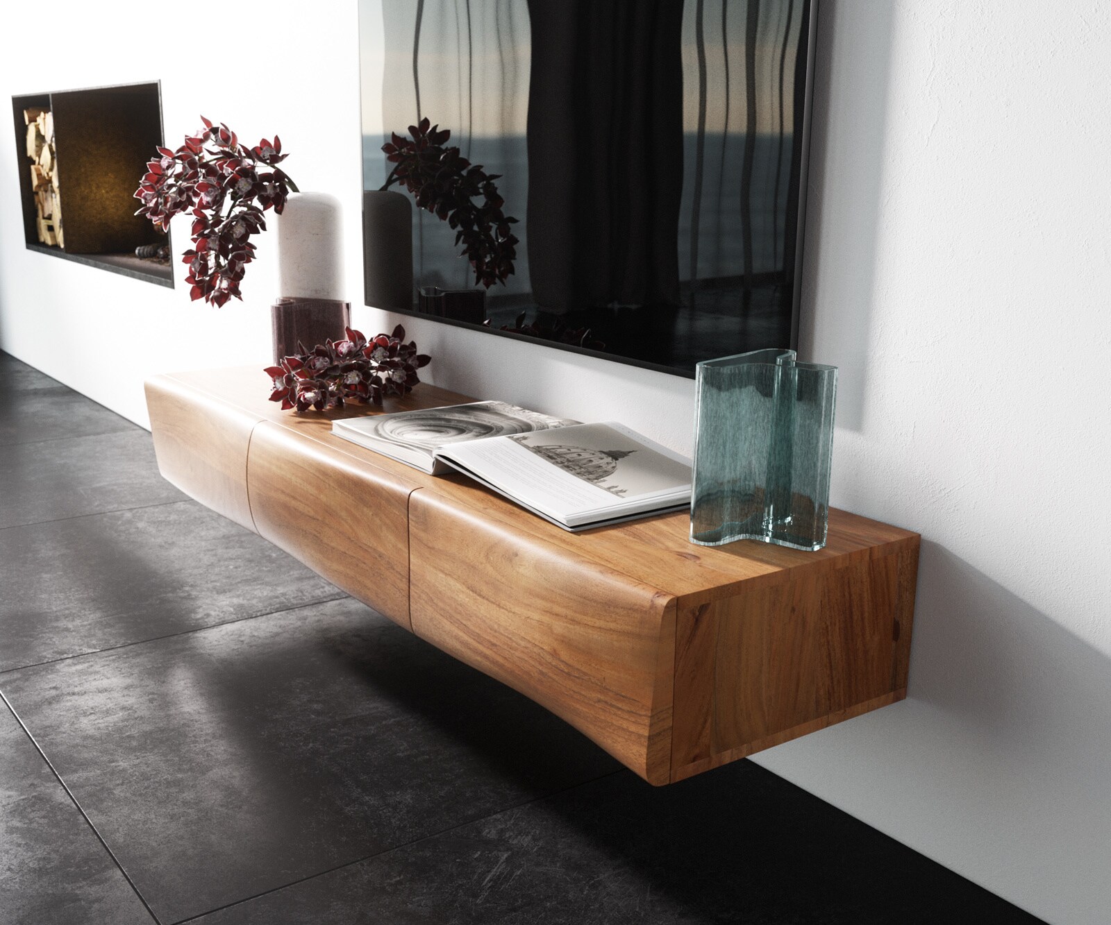 Meuble-TV New Live-Edge 145 cm acacia naturel 3 portes flottantes 1