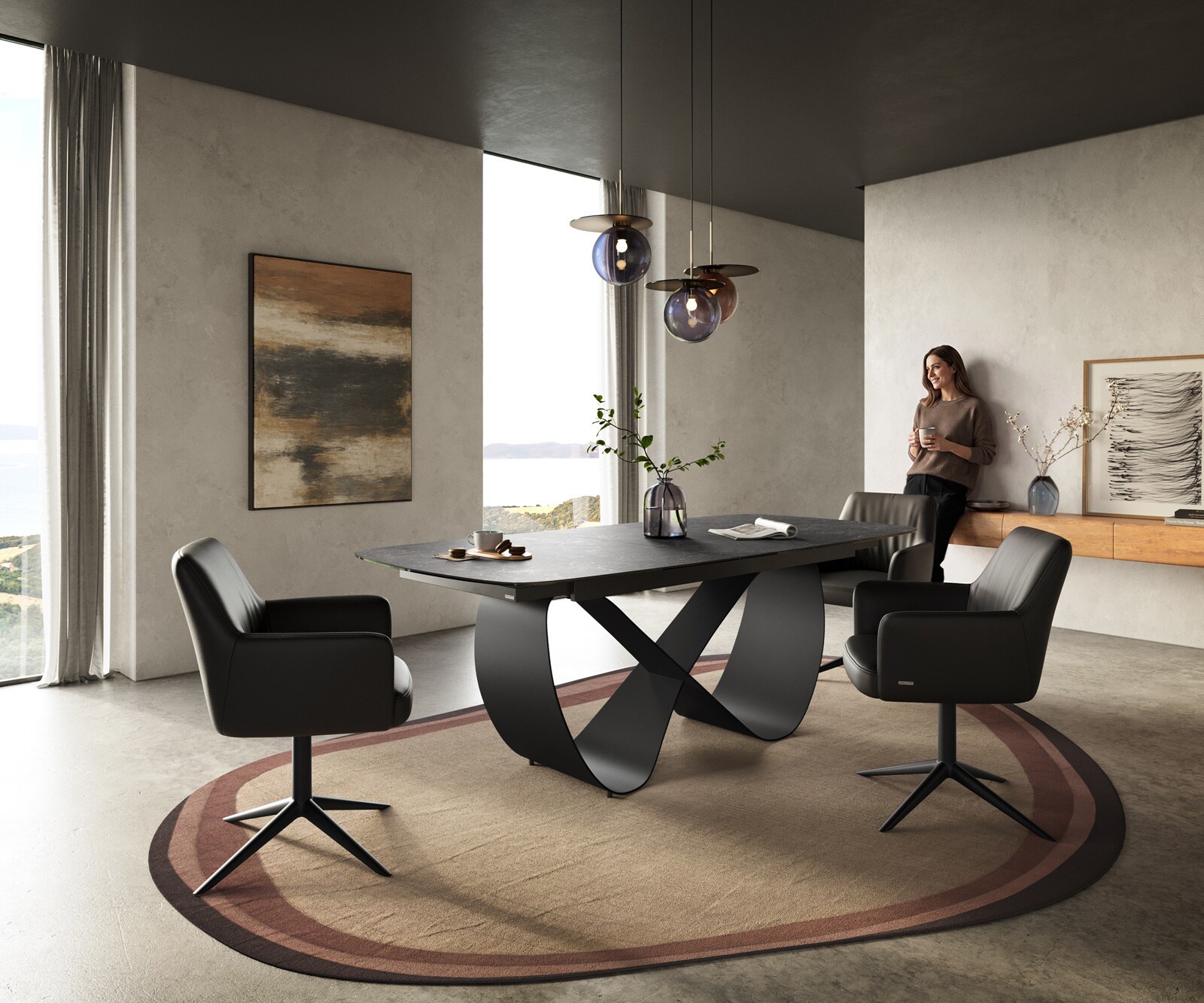 Table à manger Edge Boot 180-220x100 cm Céramique Laminam® Nero Greco Anthracite Infinity Métal Noir extensible 6