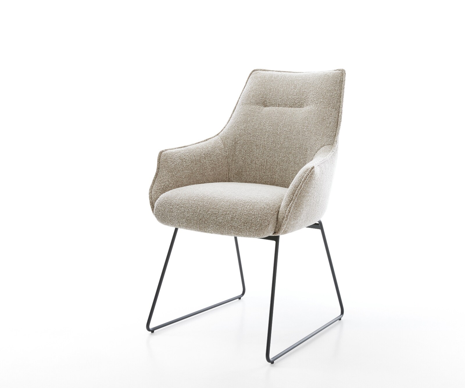 Chaise-de-salle-à-manger Alja-Flex avec accoudoirs tissu tissé doux beige pied trapèze noir resorts ensachés 1