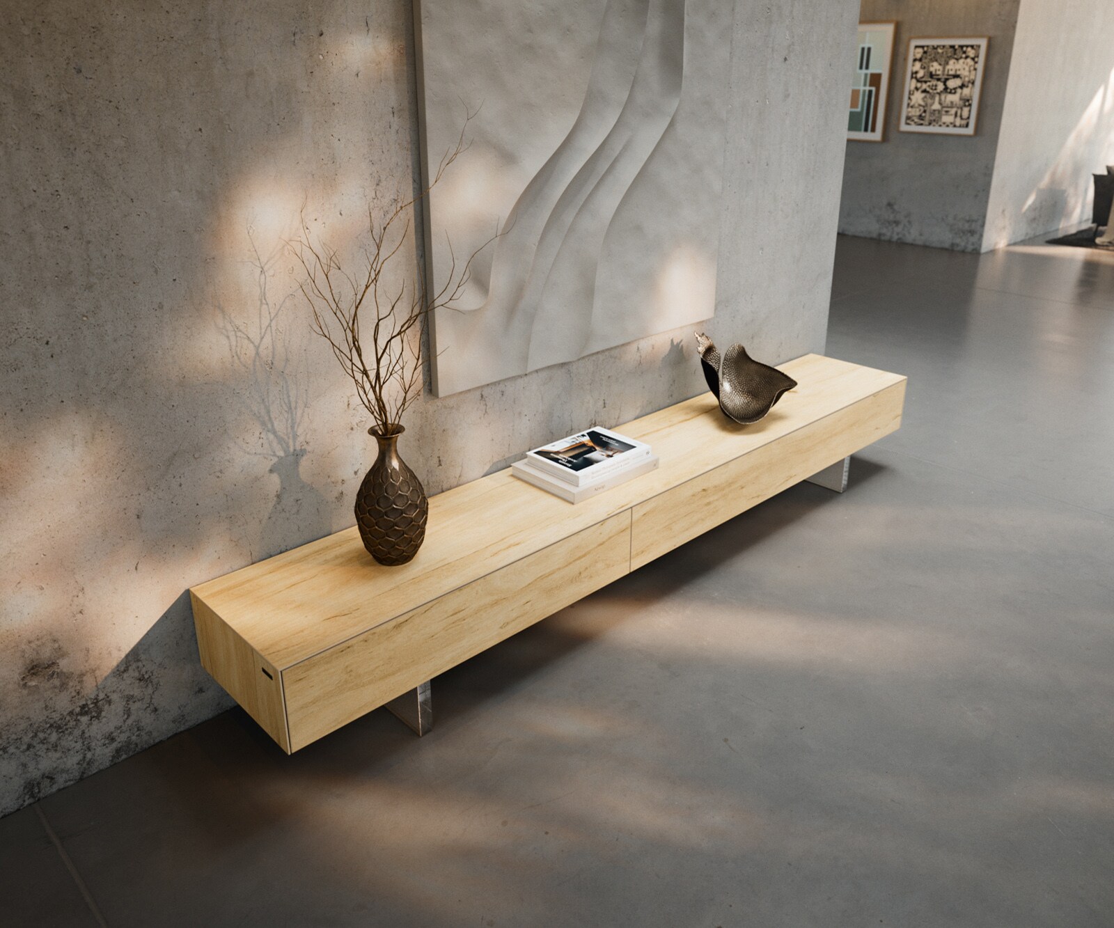 Meuble-TV Cuor 250 cm Céramique Laminam® Sabbia Teinte chêne 1 Clapet 1 Tiroir Pied optique flottant Verre acrylique 3