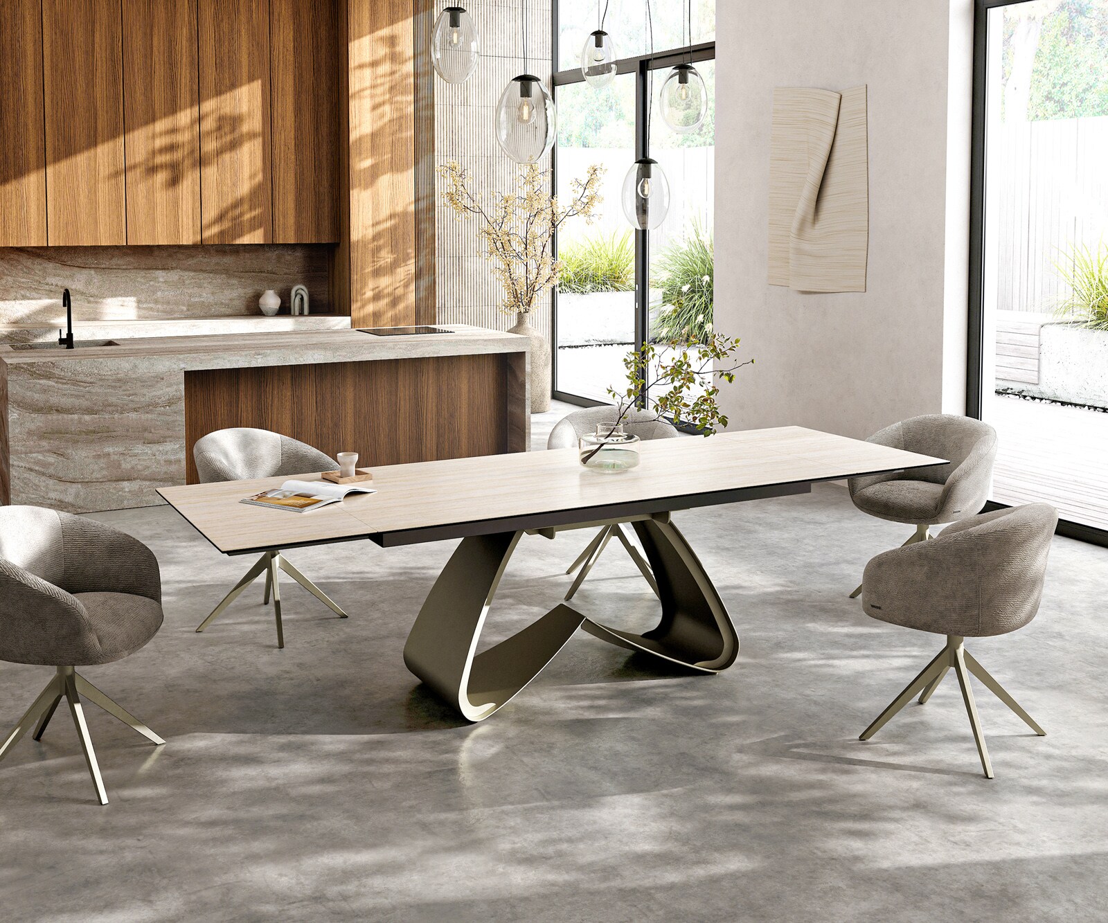 Table à manger Edge 200-300x100 céramique Laminam® Travertino Bianco crème-blanc cadre en W effet finition titanee extensible 7