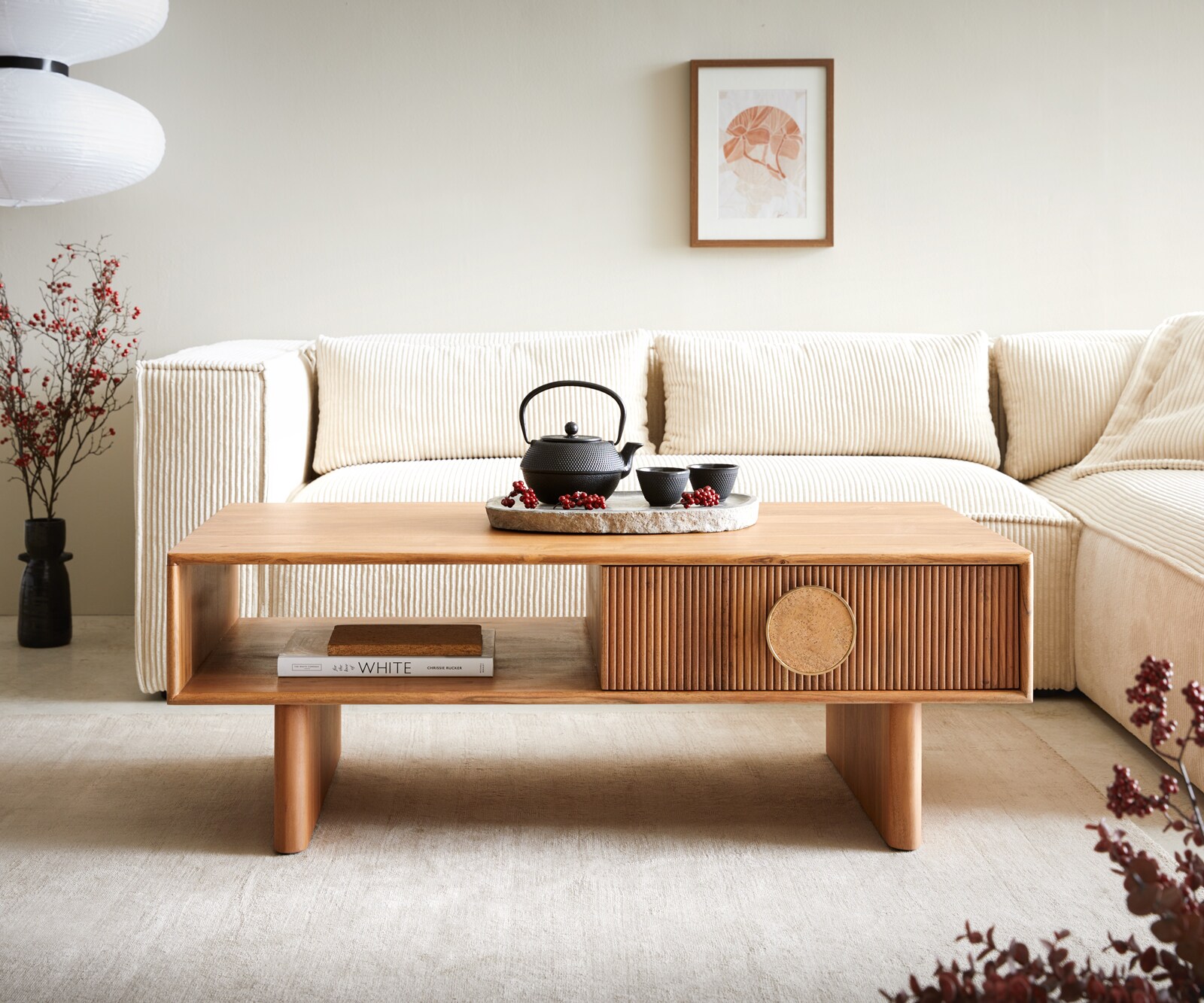 Table-basse Surimu 115x60 cm acacia brun clair 2 tiroirs liège-poignée pieds en bois 1
